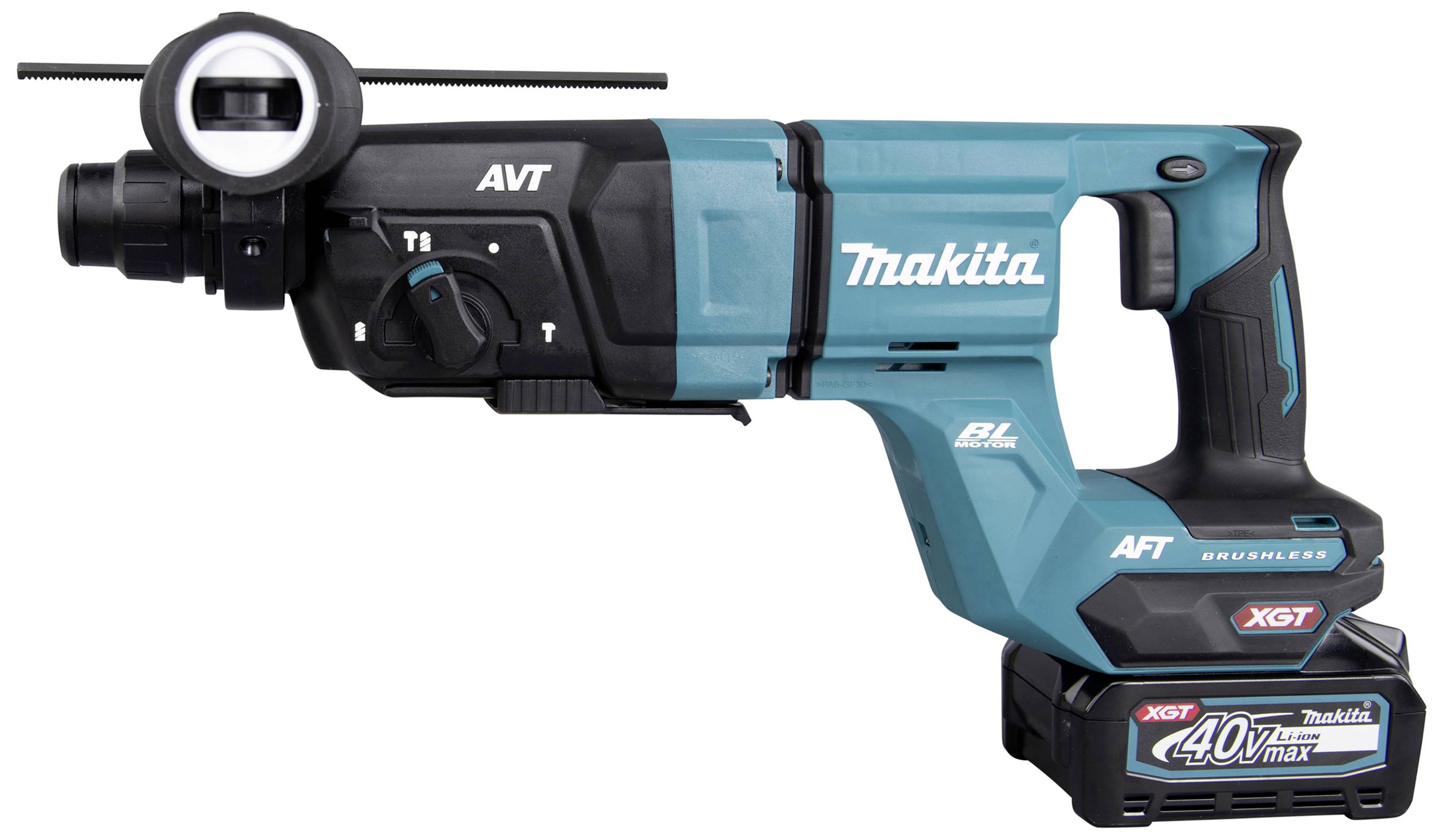 Ein blauer und schwarzer Makita-Bohrhammer, angetrieben von einer 40V-Batterie, mit ergonomischem Griff und Bedienelementen.
