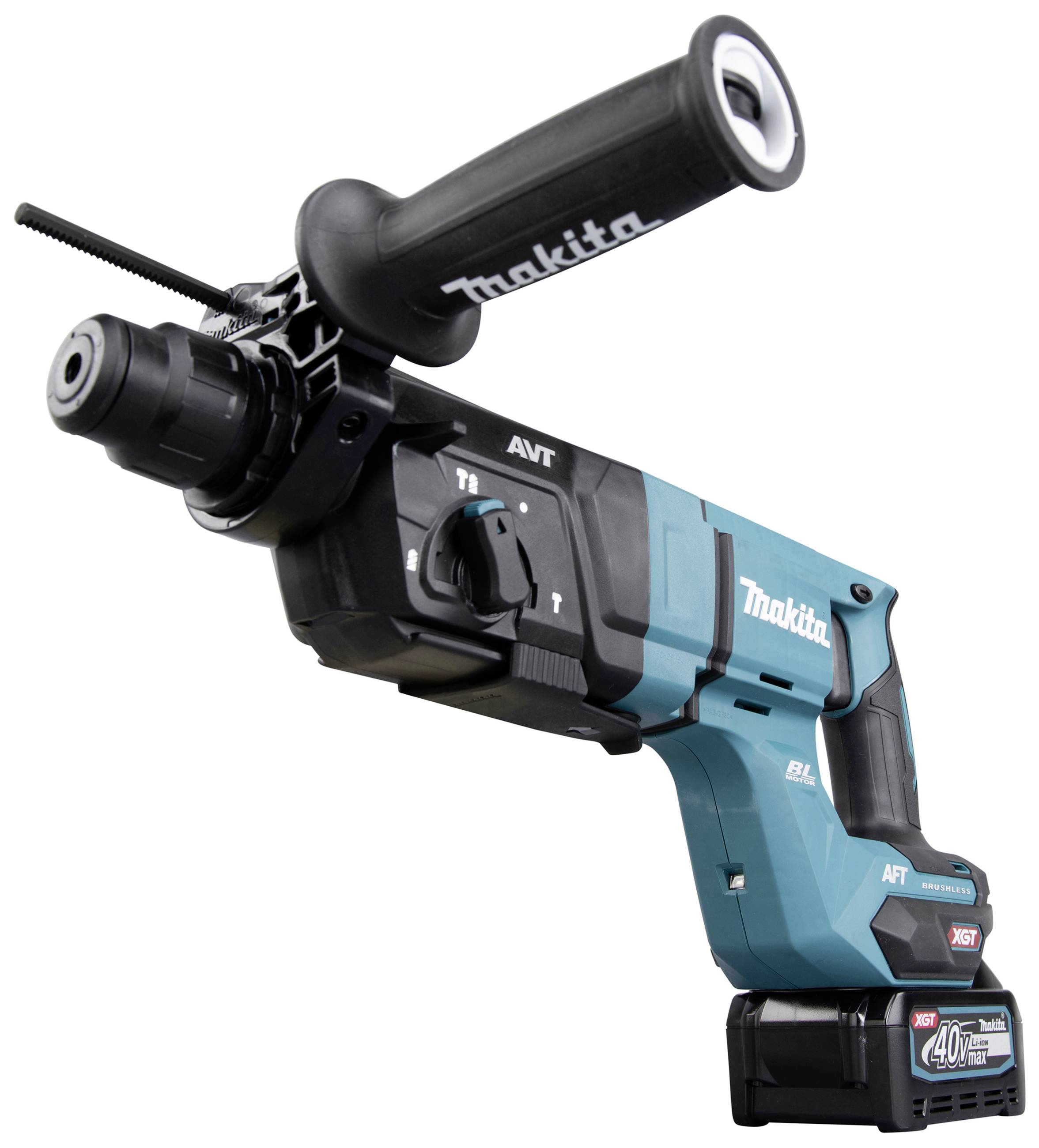 Einhellblauer Makita-Bohrhammer mit seitlichem Griff und Akku. Geeignet für Bauarbeiten und Bohren in harten Materialien.