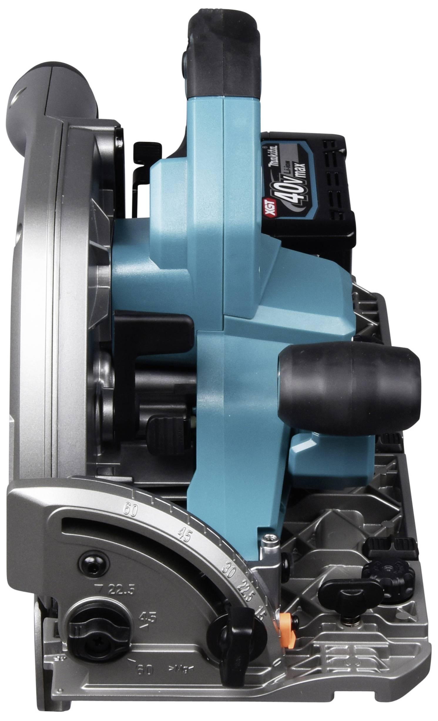 Akkubetriebene Kreissäge aus Metall und Kunststoff, seitliche Ansicht. Zeigt den Akku, das Gehäuse und die Klinge.