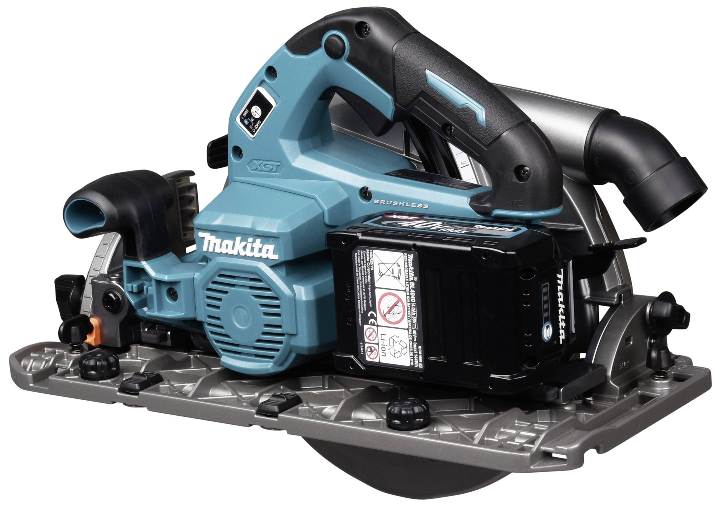 Akku-Handkreissäge in Blau und Schwarz, seitliche Ansicht, auf einem grauen Tisch liegend.