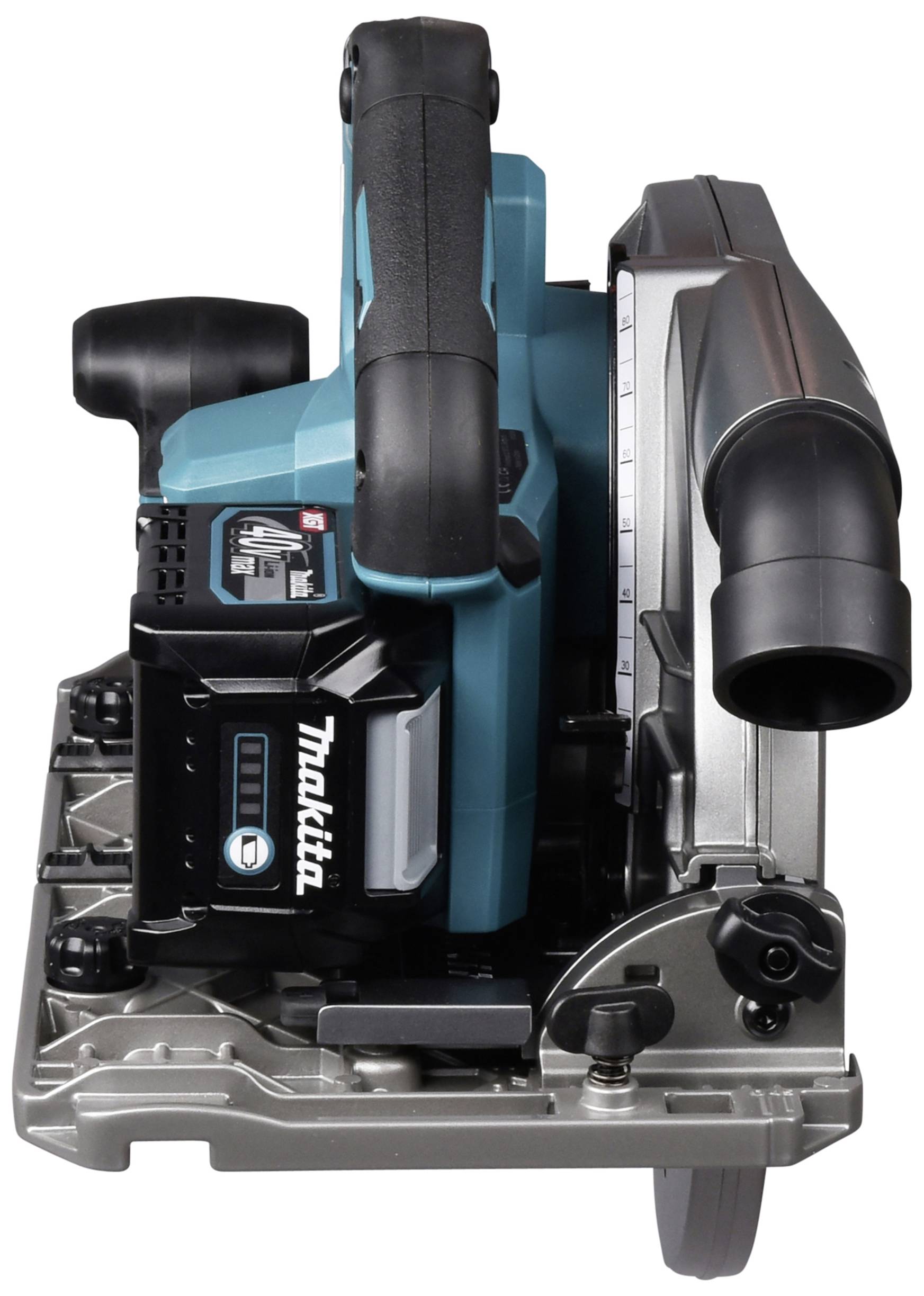 Eine kabellose Kreissäge aus Metall und Kunststoff, hauptsächlich in Schwarz und Türkis. Links ist ein Akku sichtbar, rechts das Sägeblatt.