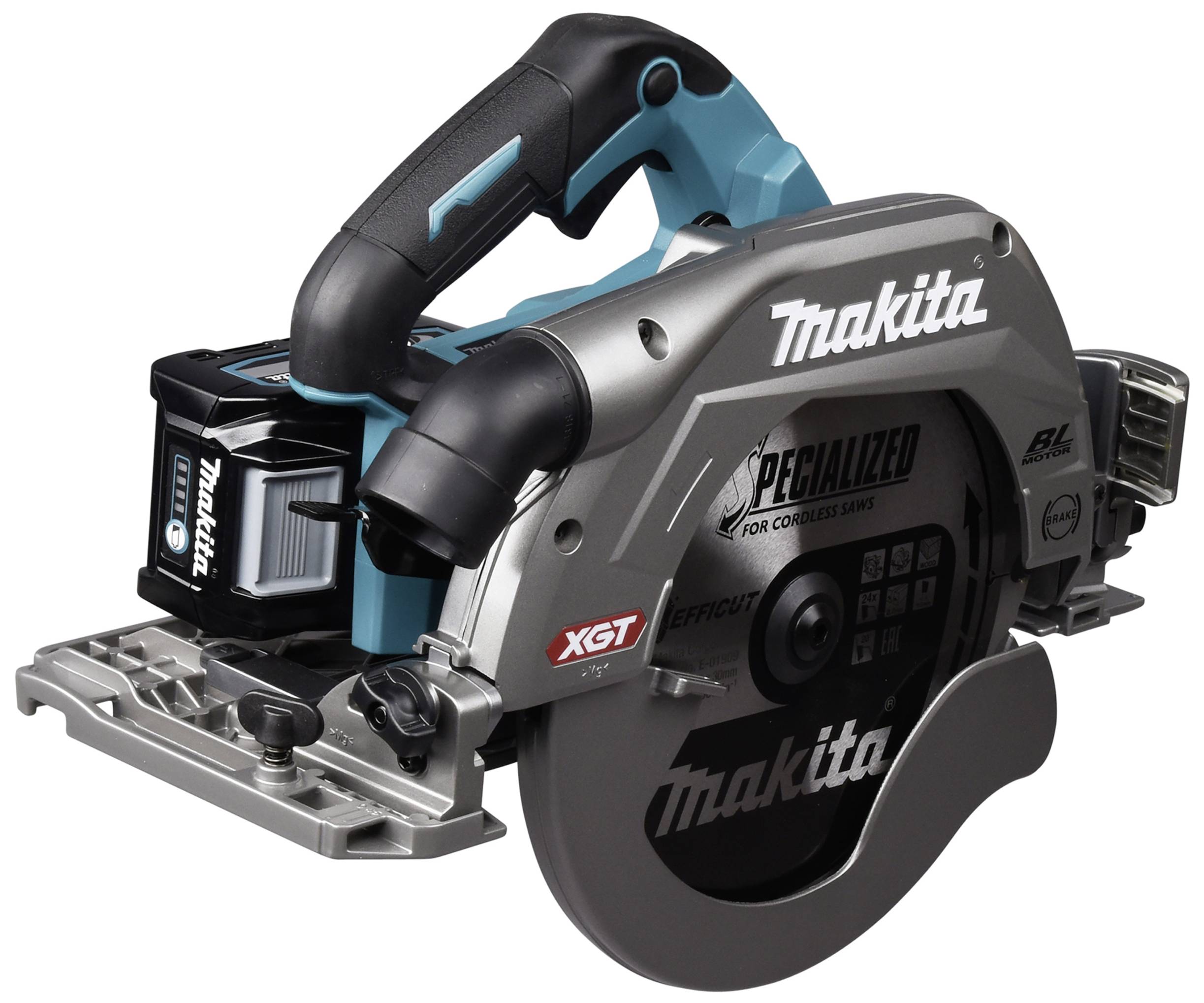 Handkreissäge von Makita mit schwarzem und blauem Gehäuse, großem Sägeblatt und ergonomischem Griff. Akku an der Rückseite.