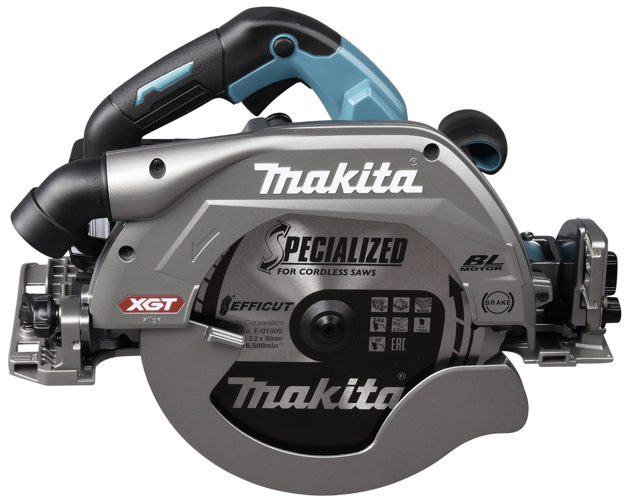 Makita-Handkreissäge, kabellos, silber-grau, Modell XGT, mit BL-Motor und gehärteten Klingen für effizientes Schneiden in verschiedenen Materialien.