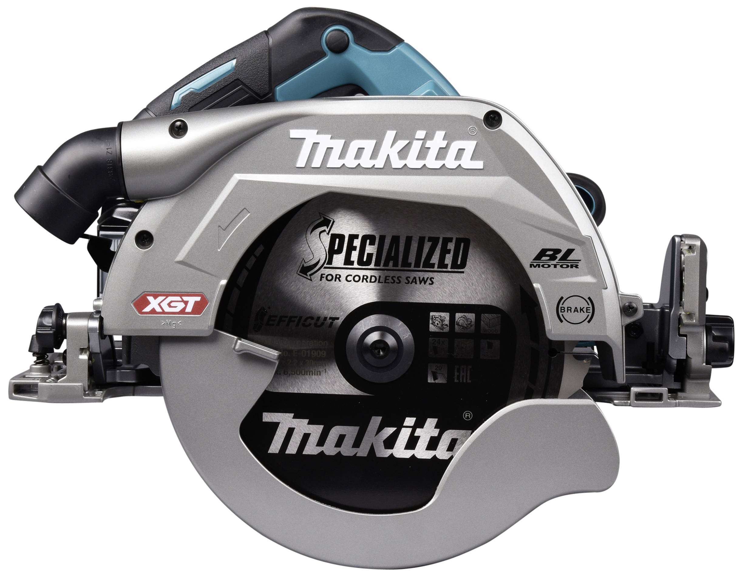 Akkubetriebene Handkreissäge in graublauem Design, markiert mit der Aufschrift 'Makita' und 'Specialized for Cordless Saws'.