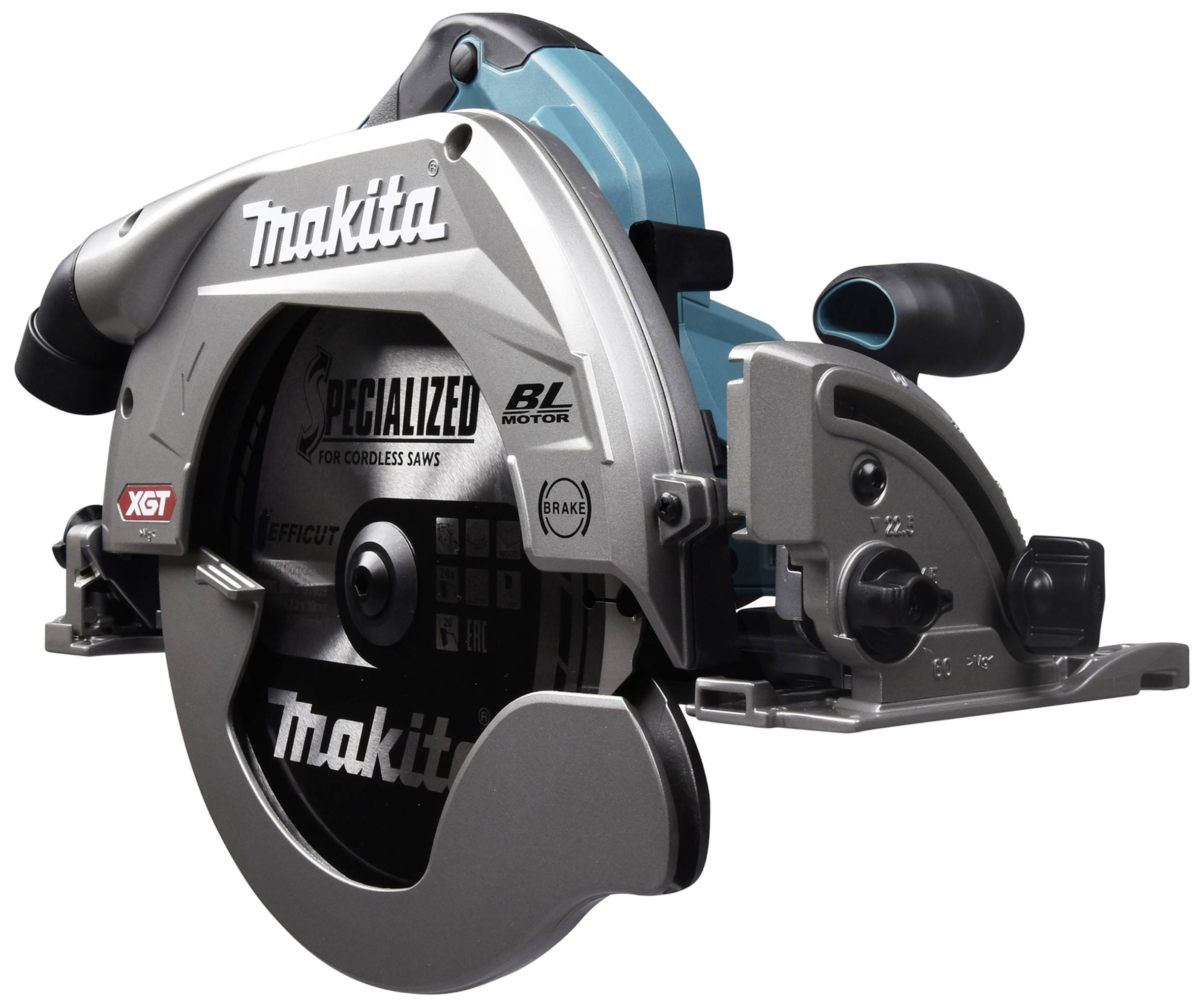 Akkubetriebene Kreissäge mit Makita-Logo, blau-schwarzes Design, großer Klingenschutz, ergonomischer Griff, für präzise Schnitte.