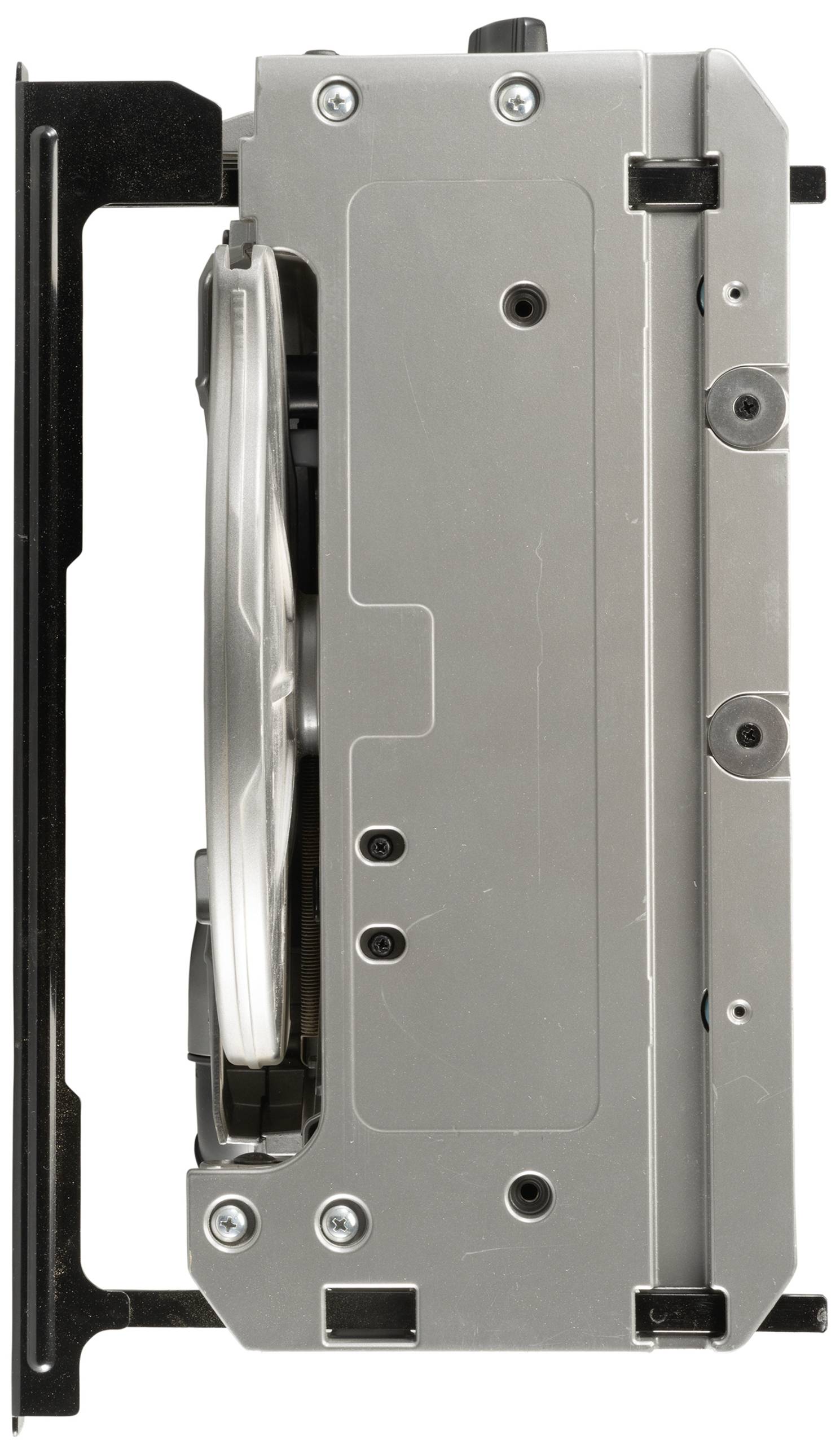 Ein silbernes Gehäuse für eine Festplatte, seitlich abgebildet, mit Schrauben und Lüftungsschlitzen.