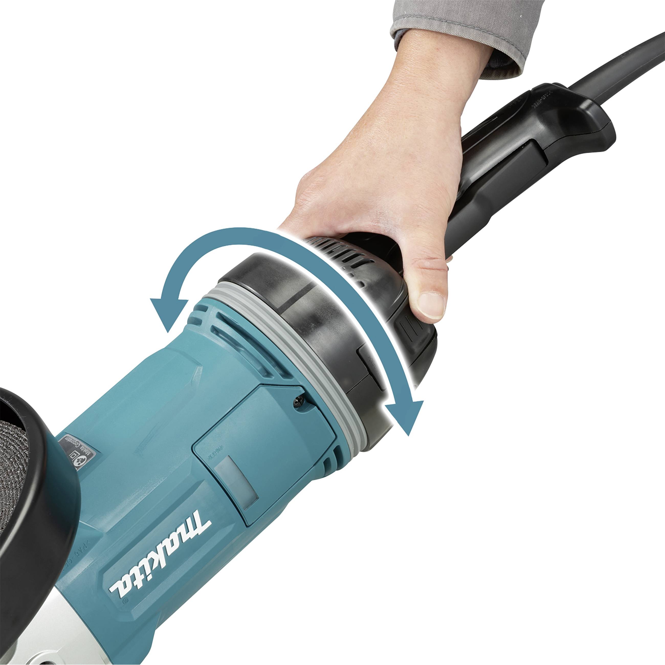 Eine Person hält eine blaue, elektrische Poliermaschine, die von der Marke 'Makita' ist. Ein Pfeil zeigt die Rotationsrichtung an.