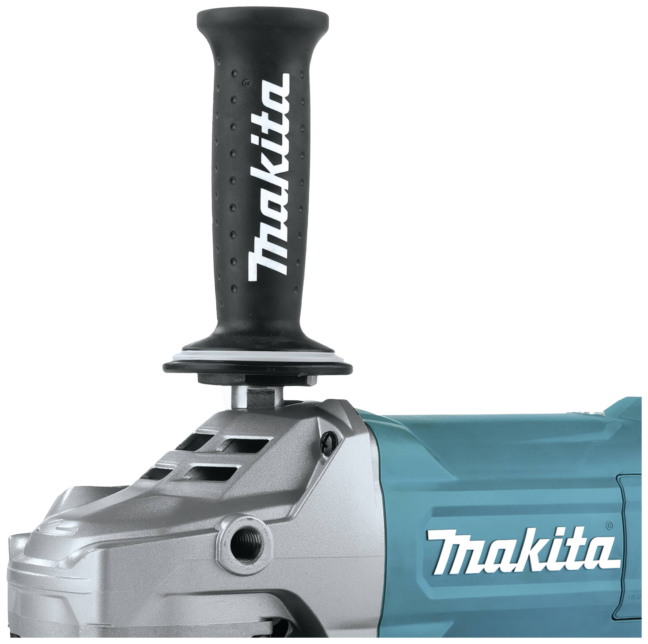 Ein elektrisches Werkzeug mit einem blauen Gehäuse und dem Markennamen 'Makita' auf dem Griff. Geeignet für Schleifarbeiten.