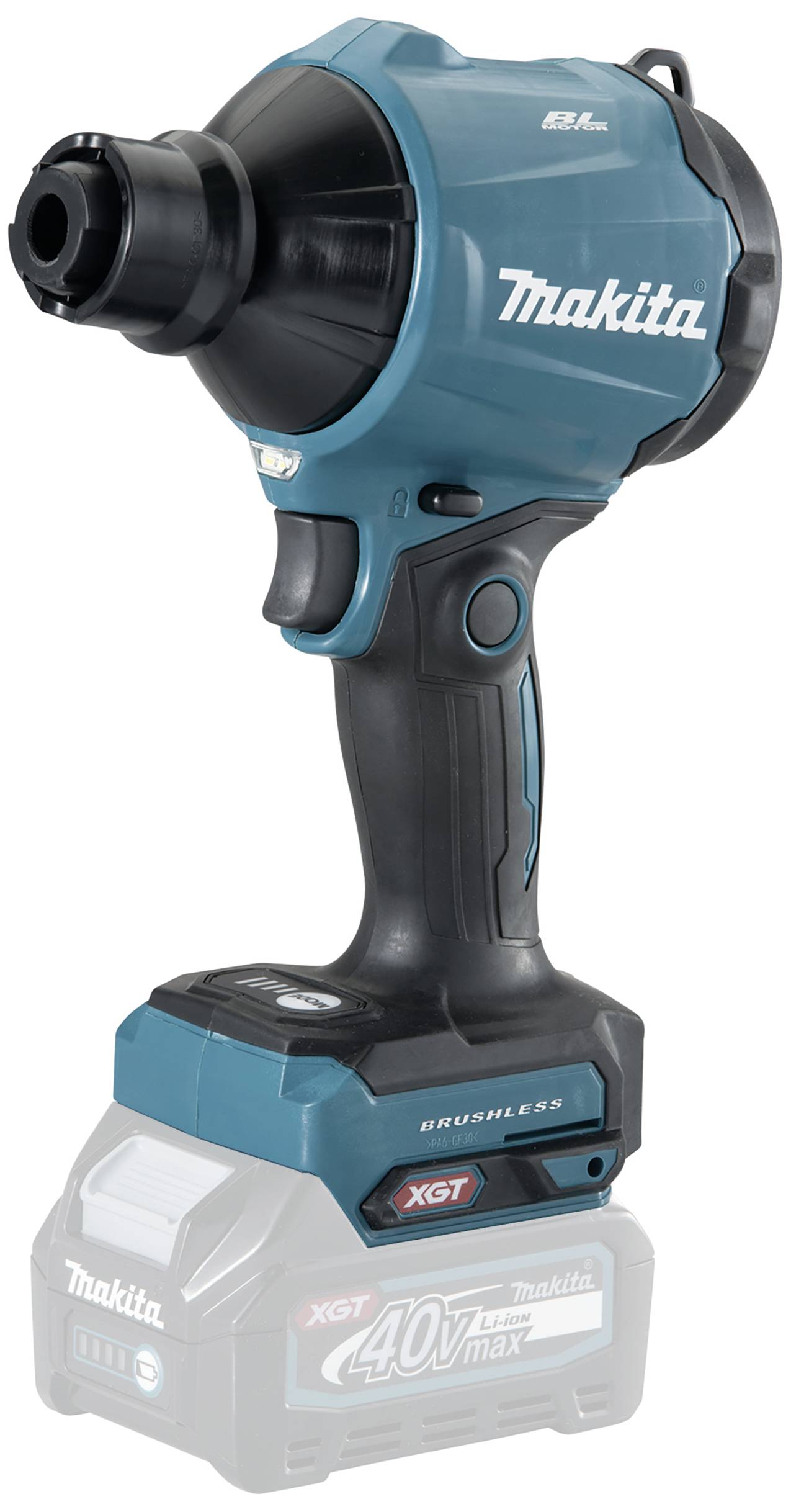 Kabelloses, bürstenloses Makita XGT 40V Max Gebläse, das vielseitig für Reinigungs- und Trocknungsarbeiten eingesetzt wird.