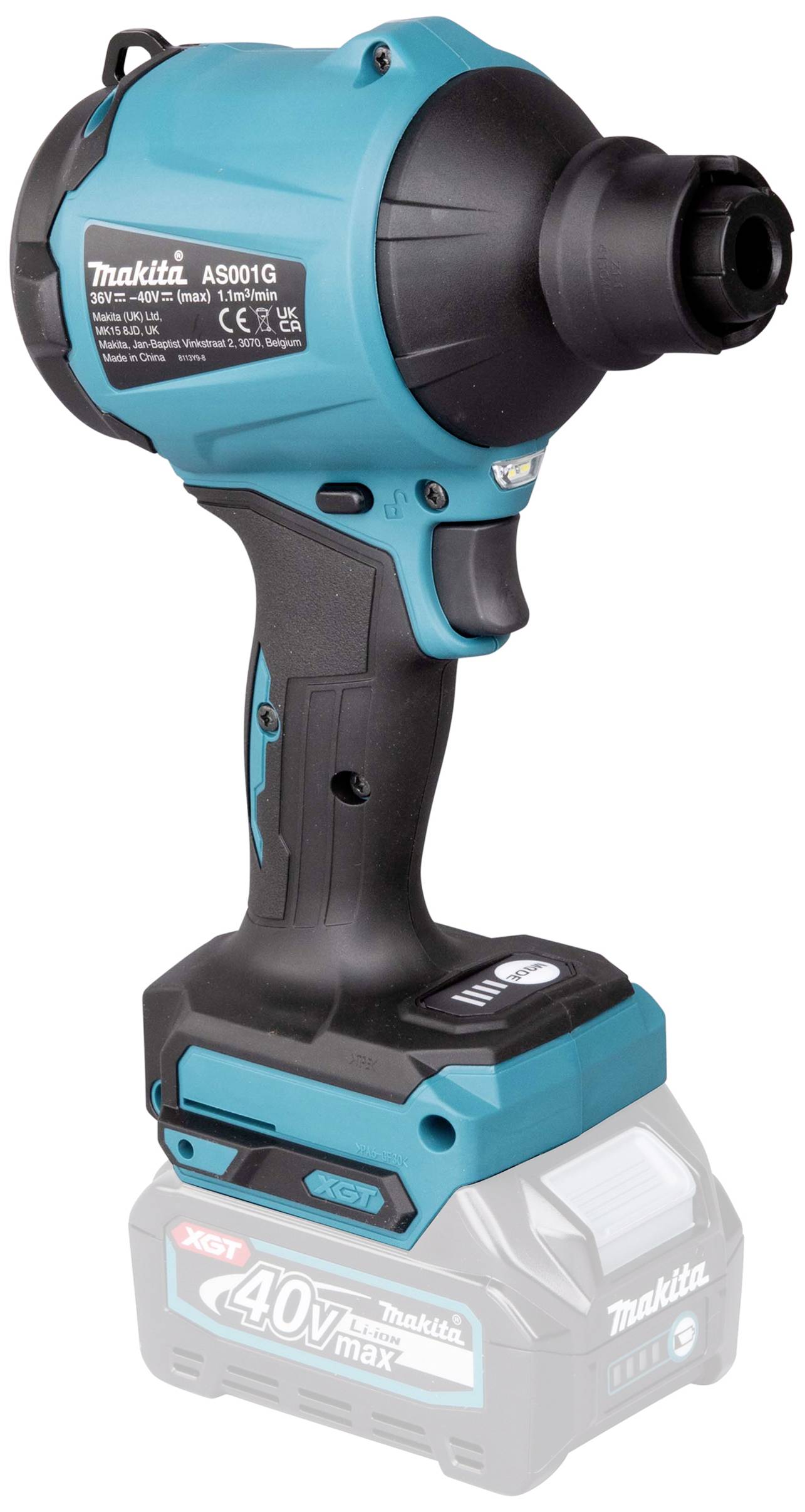 Akkuschrauber von Makita, Modell A5001G, 40V max, in schwarzem und blauem Design, stehend auf einer Batterieeinheit.