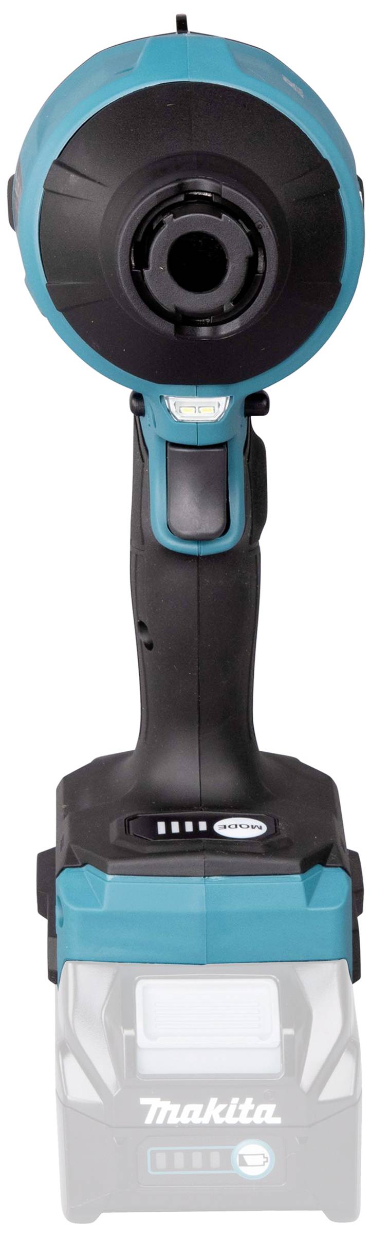 Kabelloser, blauer Schlagschrauber von Makita mit Akkufach, frontal abgebildet. Ideal für Bau- und Heimwerkerarbeiten.
