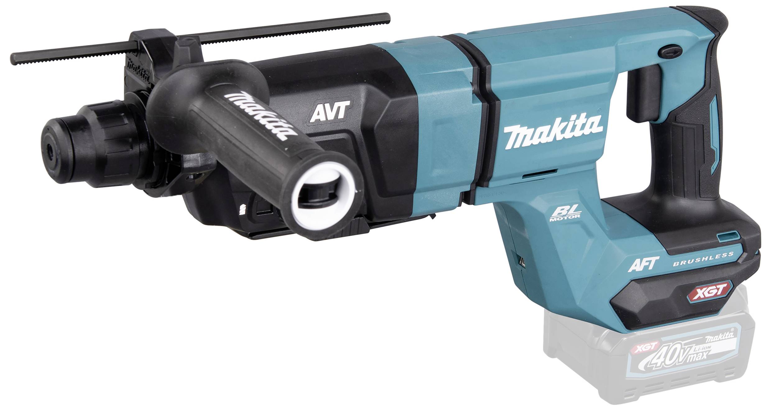 Elektrowerkzeug, kabelloser Bohrhammer von Makita, blau-schwarz, seitlicher Griff, typisches Modell für Bau- und Renovierungsarbeiten.