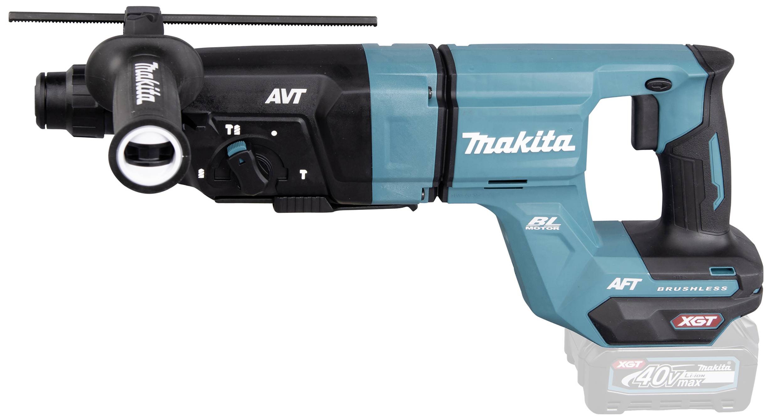 Ein blau-schwarzer Makita Bohrhammer mit abnehmbarem Griff und verschiedenen Einstellungen, geeignet für Bauarbeiten.