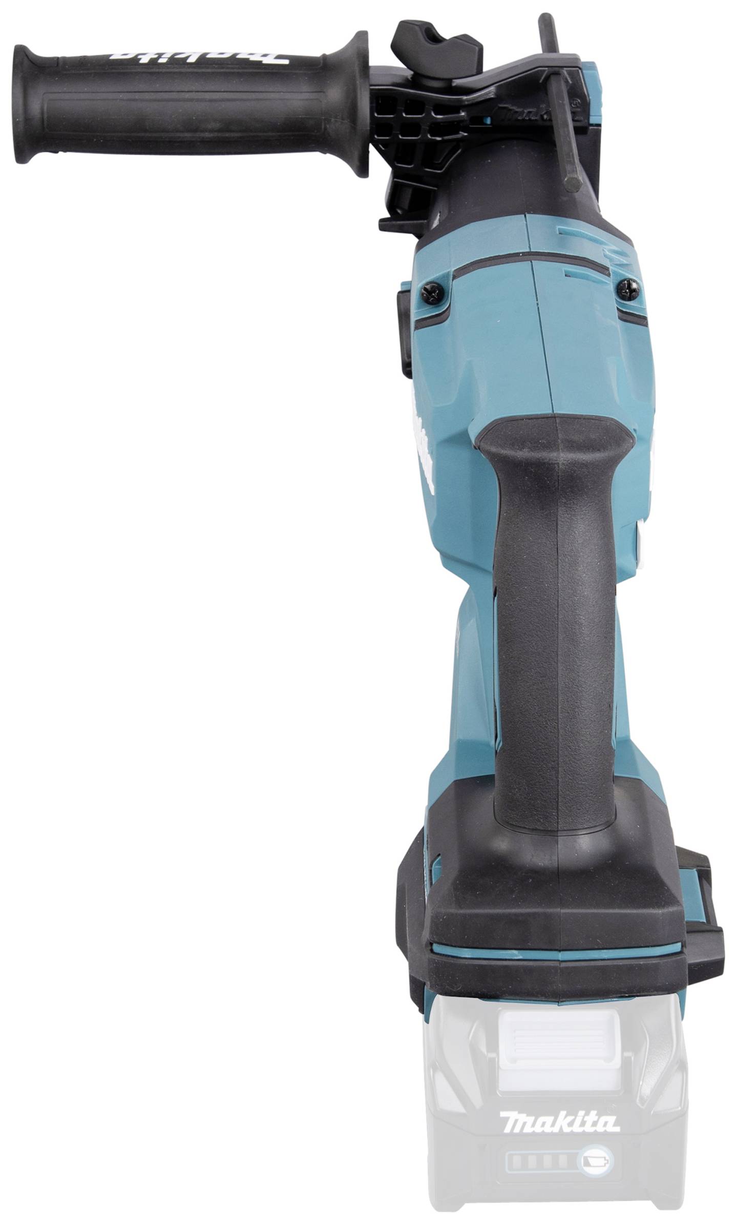 Eine Akku-Säbelsäge von Makita mit zwei Griffen. Sie ist in blau-schwarzer Farbe gestaltet.