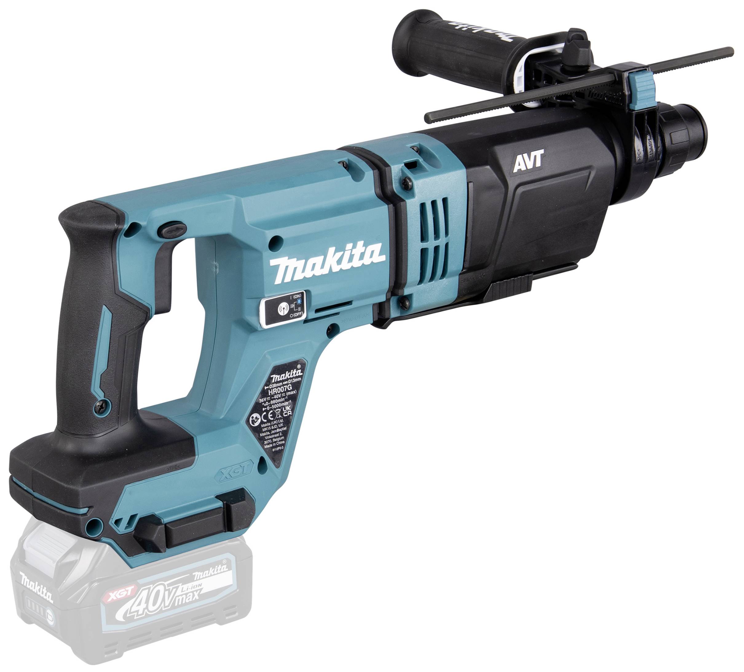 Kabelloser Bohrhammer mit Akku 'Makita 40V Max'. Ergonomischer Griff, schwarz-türkises Design. Ideal für Bau- und Renovierungsarbeiten.