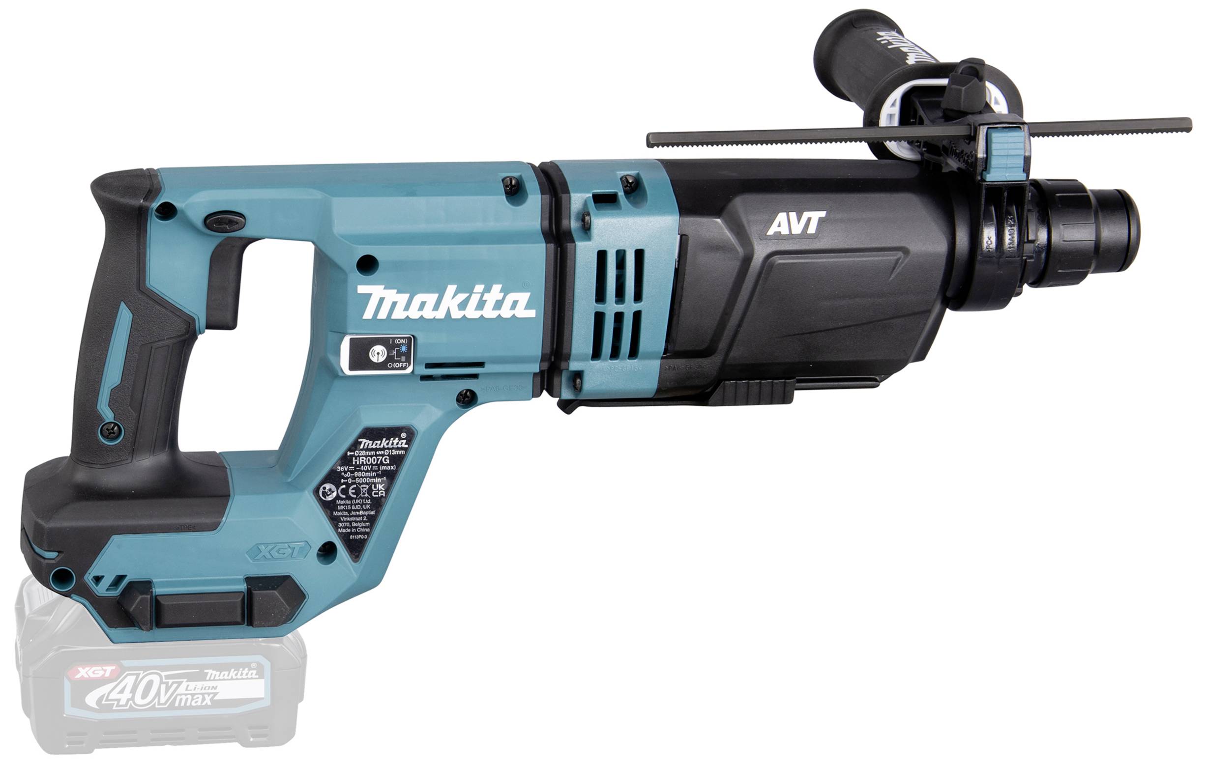 Ein kabelloser, blau-schwarzer Bohrhammer von Makita, Modell AVT, mit einem ergonomischen Griff und einer zusätzlichen Halterung.