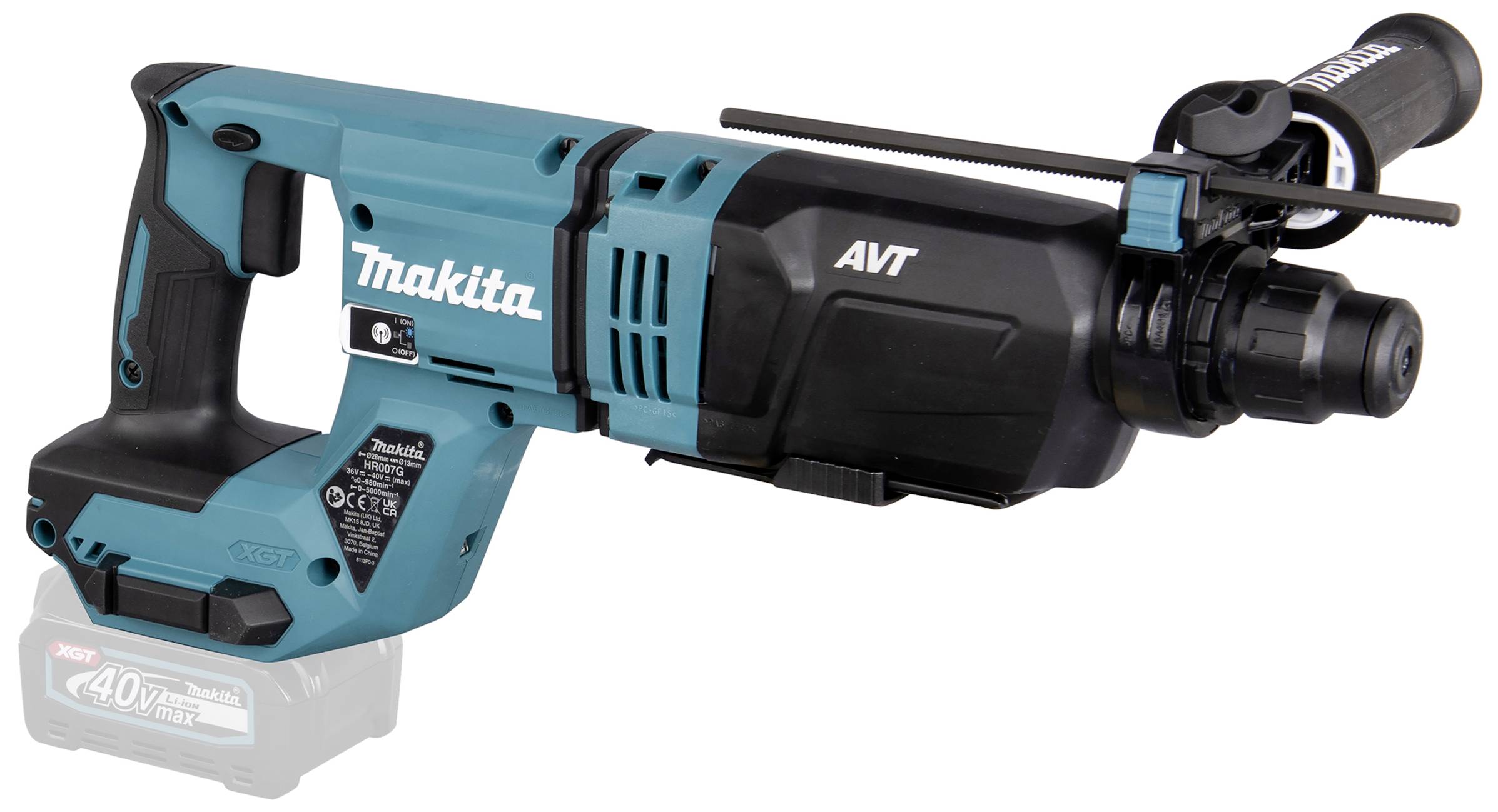 Elektrischer Bohrhammer in Blau und Schwarz mit Firmenlogo. Zeigt Griffe und Bohrfutter. Ideal für handwerkliche Arbeiten.