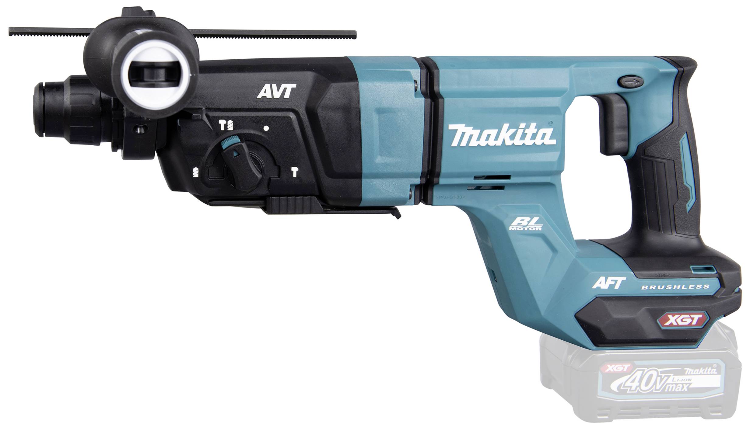 Blaue und schwarze Bohrmaschine der Marke Makita mit Griff und verschiedenen Einstellmöglichkeiten auf der linken Seite.