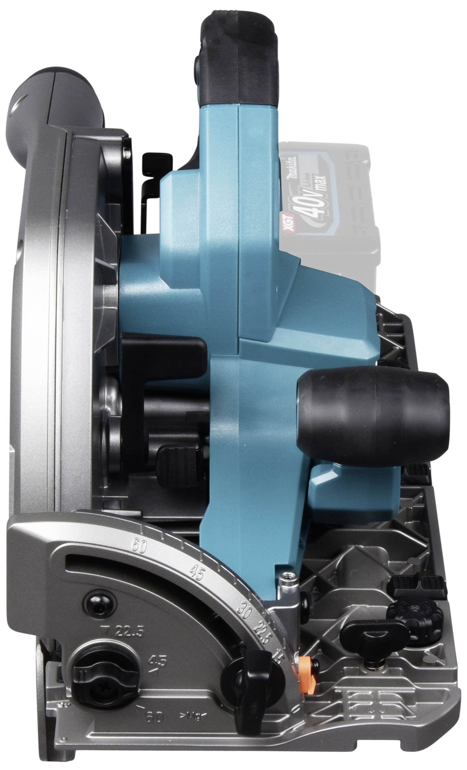 Elektrische Handkreissäge von der Seite, blaues Gehäuse, silberne Schutzabdeckung, wird zum präzisen Schneiden von Holz verwendet.