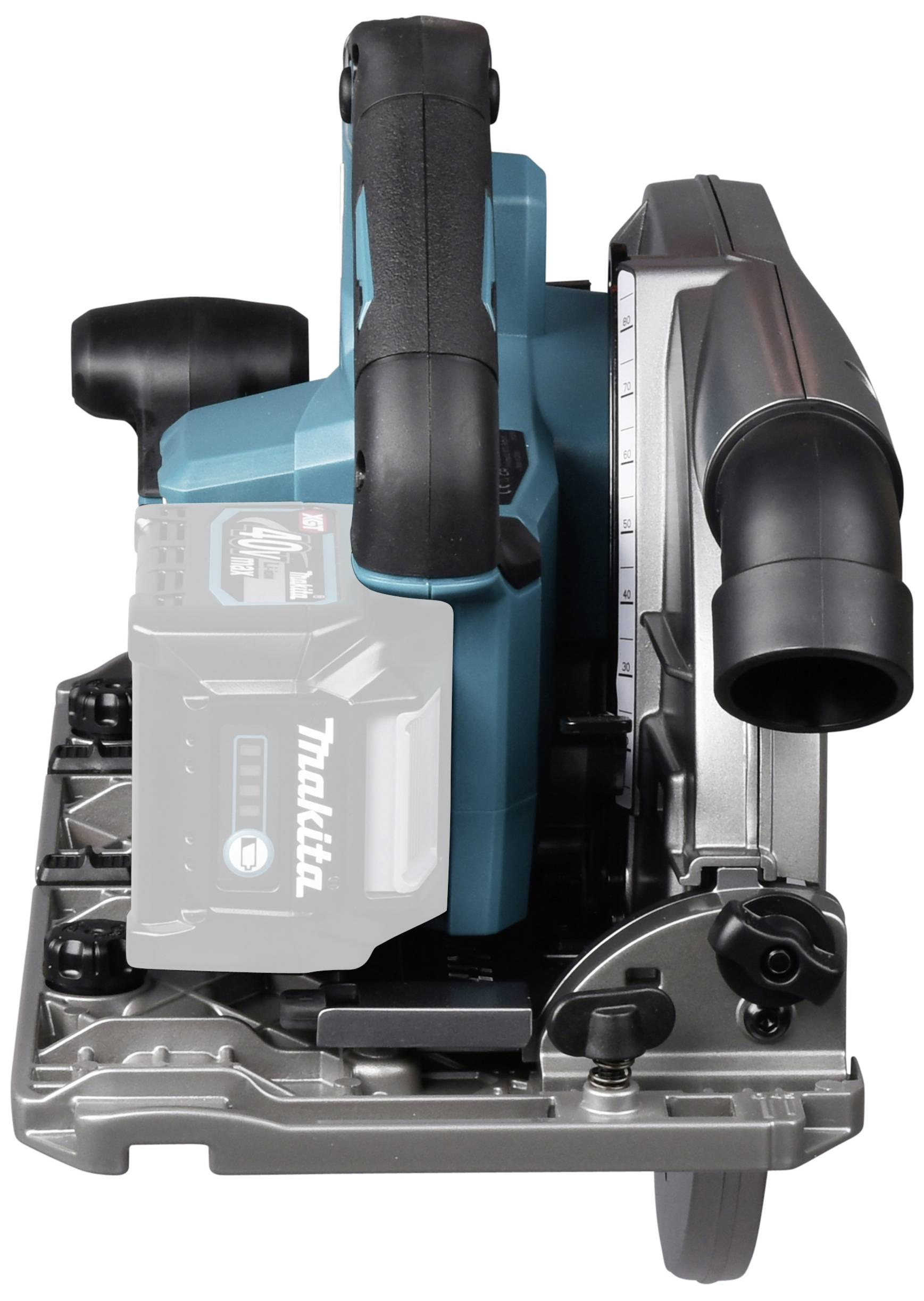 Akku-Handkreissäge, seitliche Ansicht. Blau-schwarzes Gehäuse, silberne Bodenplatte, transparentes Schutzgehäuse, Staubsaugeranschluss.