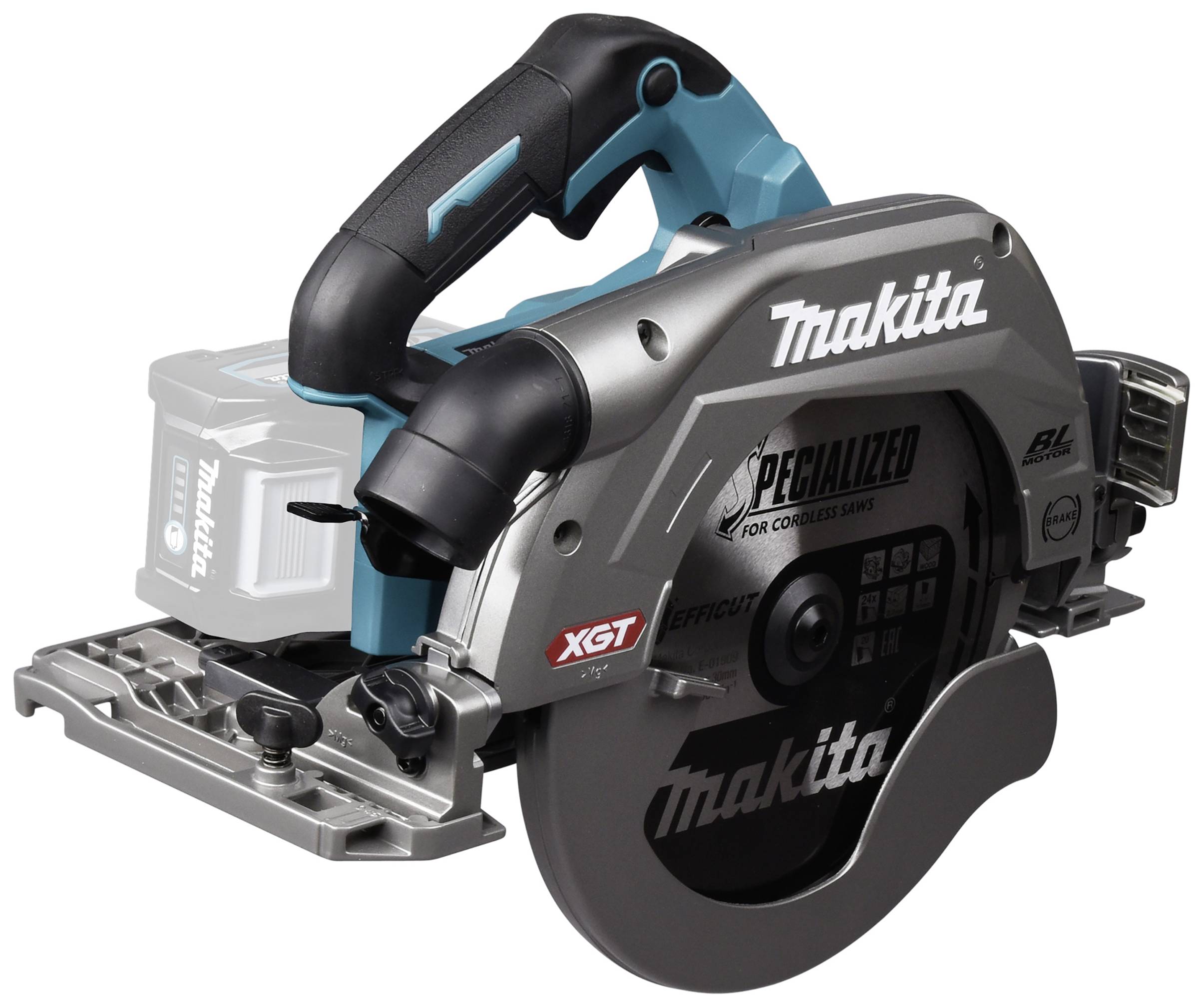 Handkreissäge der Marke Makita mit Akkubetrieb. Sie hat einen ergonomischen Griff und ein silber-schwarzes Design mit blauen Akzenten.