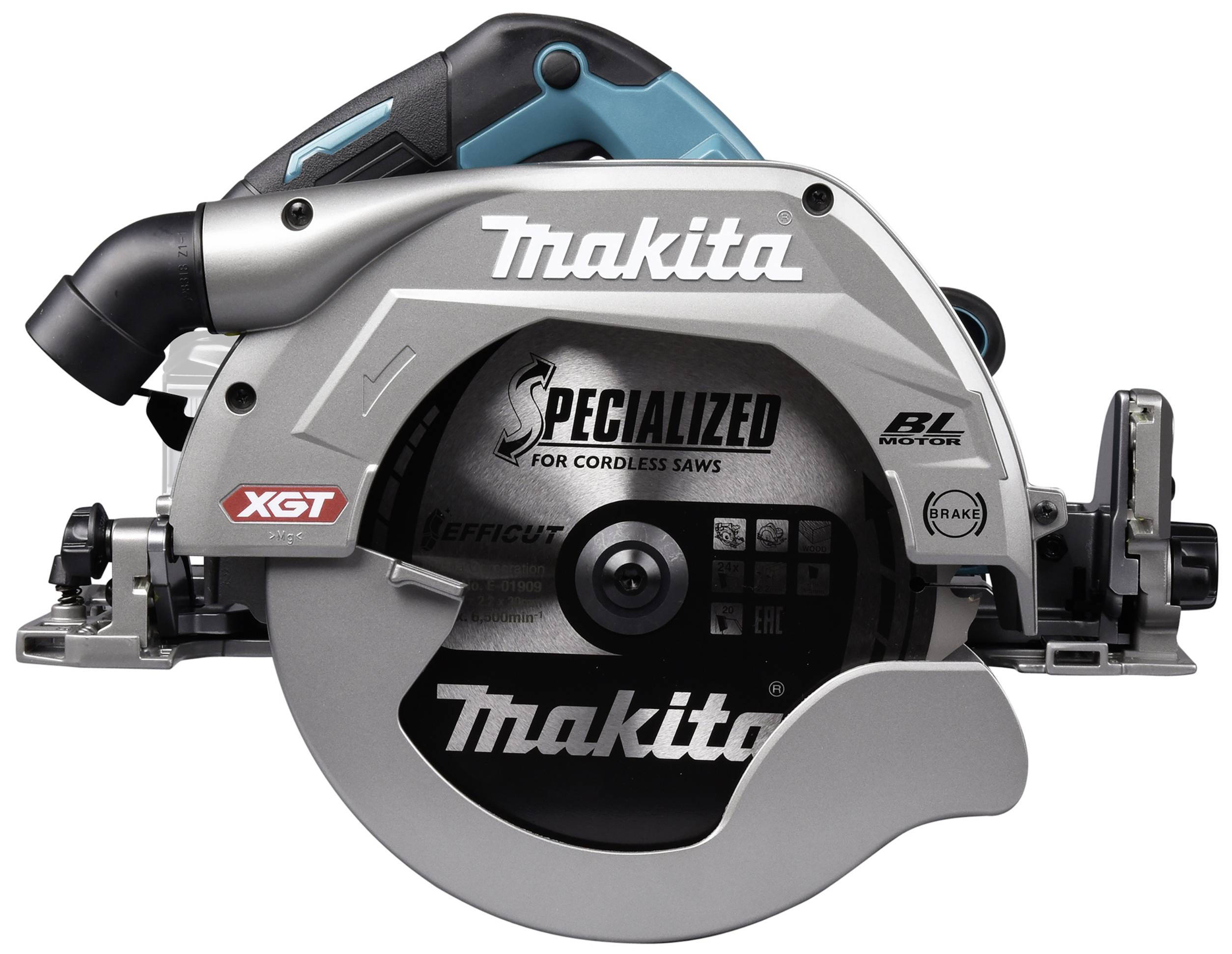 Kreissäge von Makita, kabellos, mit XGT-Technologie und BL-Motor. Aufschrift 'Specialized for cordless saws' sichtbar.