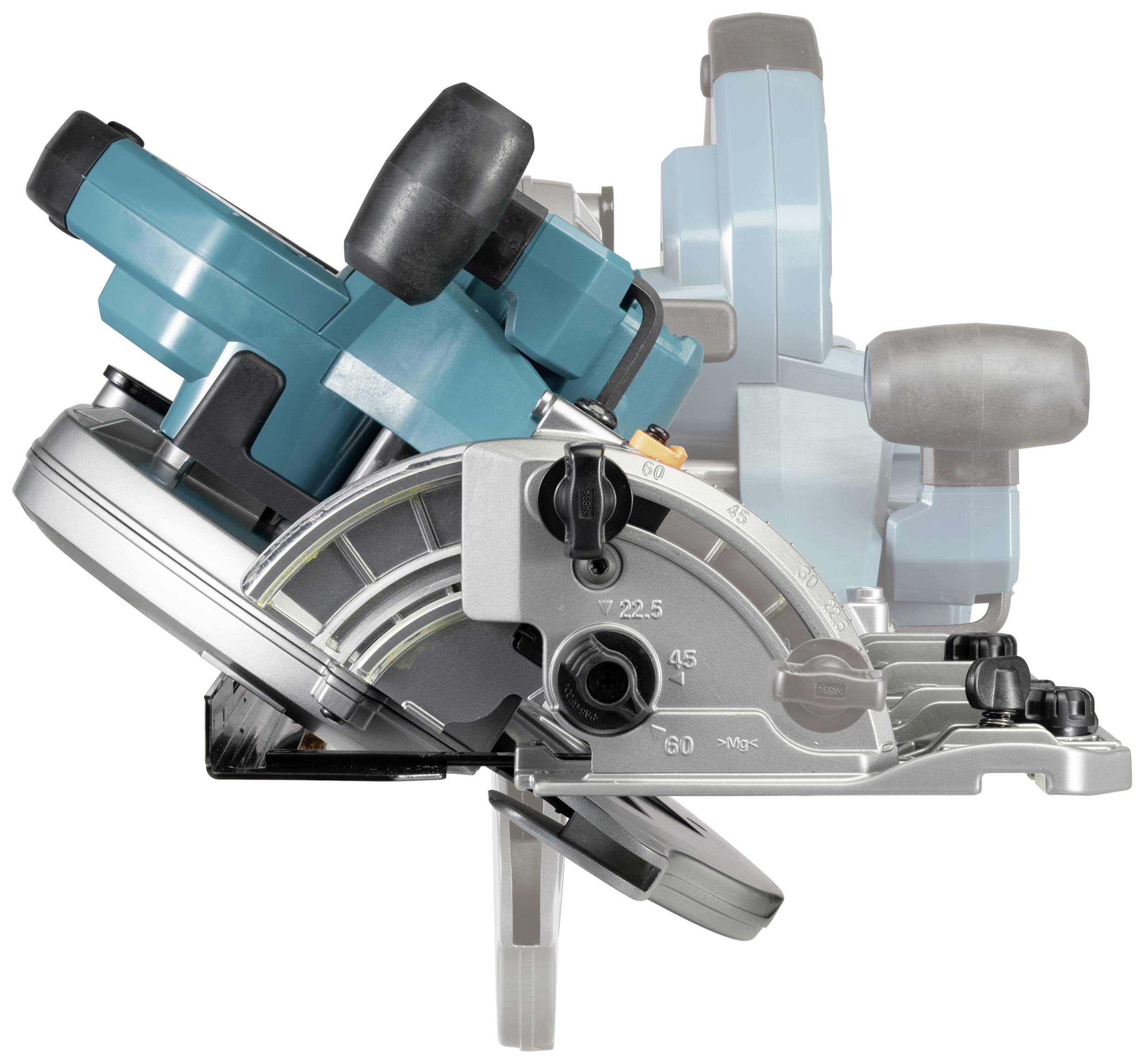 Bild zeigt eine Kreissäge mit verstellbarem Winkel. Der Mechanismus zum Ändern des Winkels ist sichtbar, gekennzeichnet mit Gradzahlen.