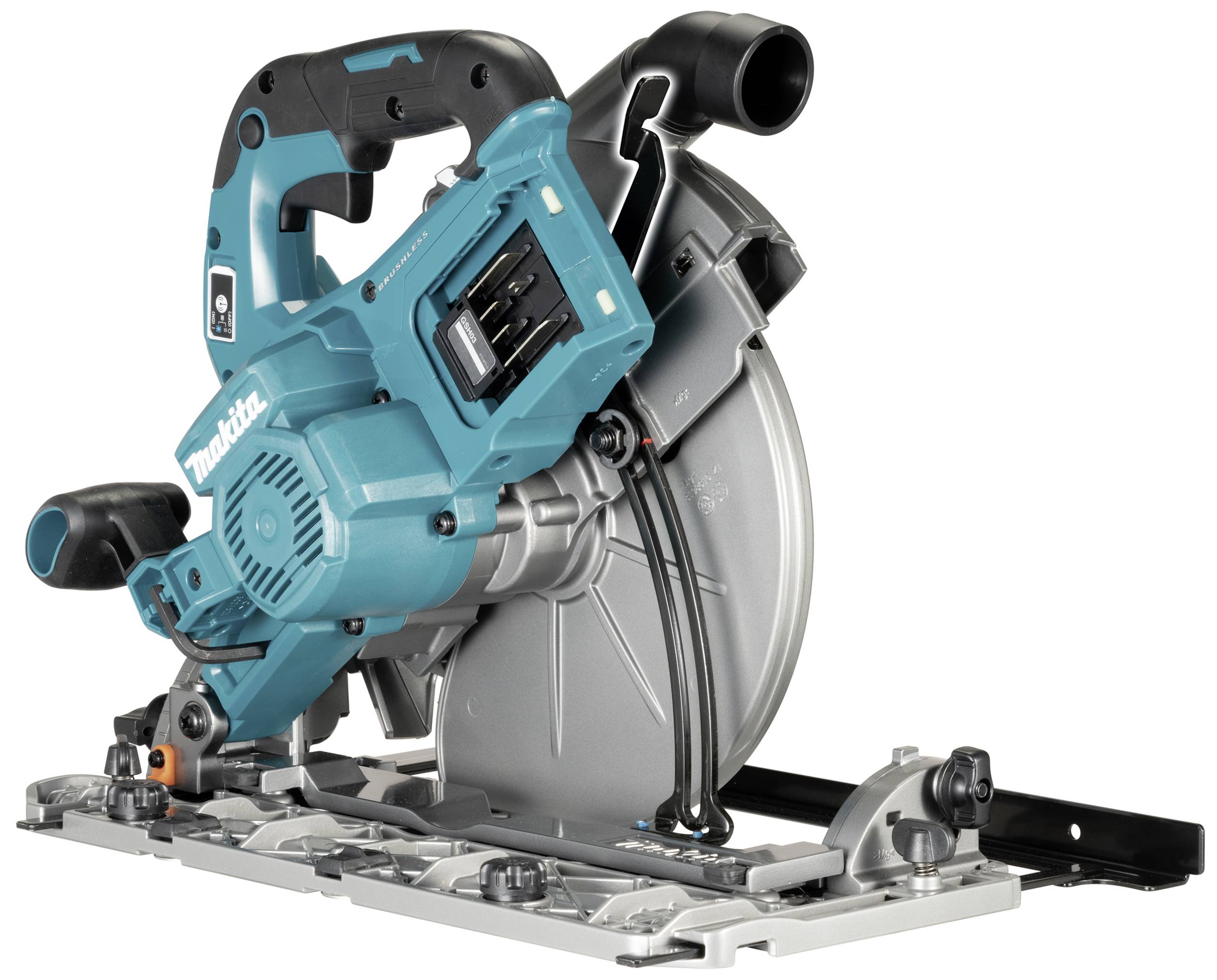 Eine blaue Handkreissäge mit schwarzem Griff steht auf einer Metallbasis. Sie hat ein großes, silbernes Sägeblatt an der Seite.