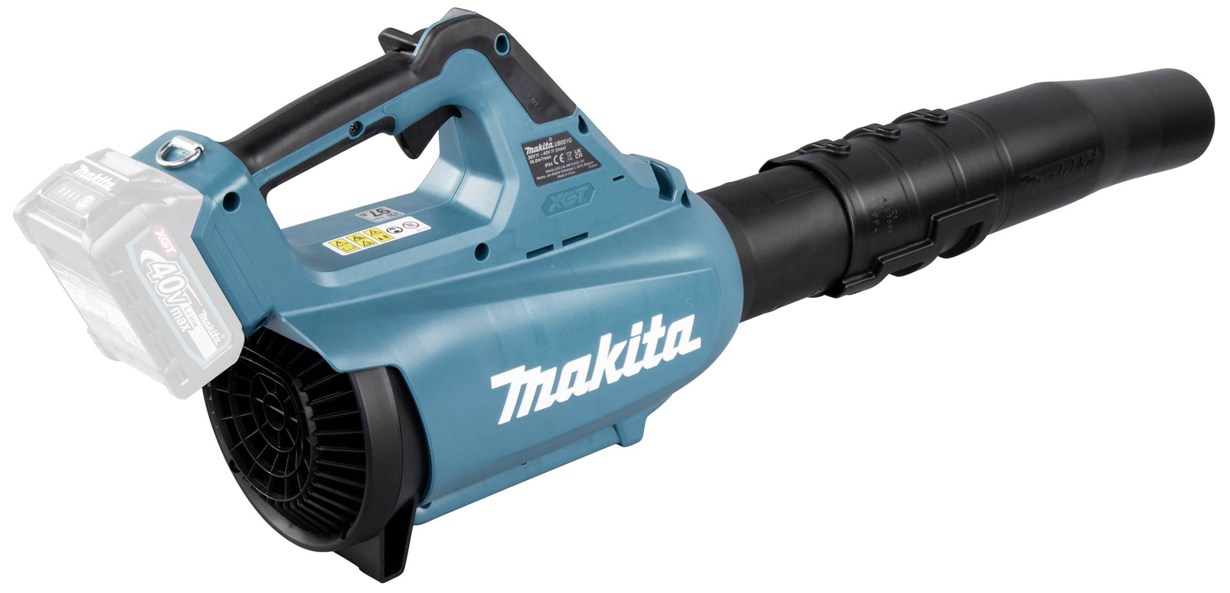 Akku-Laubbläser von Makita in Blau und Schwarz, Produkt in schräger Ansicht, mit Griff und Düse sichtbar.