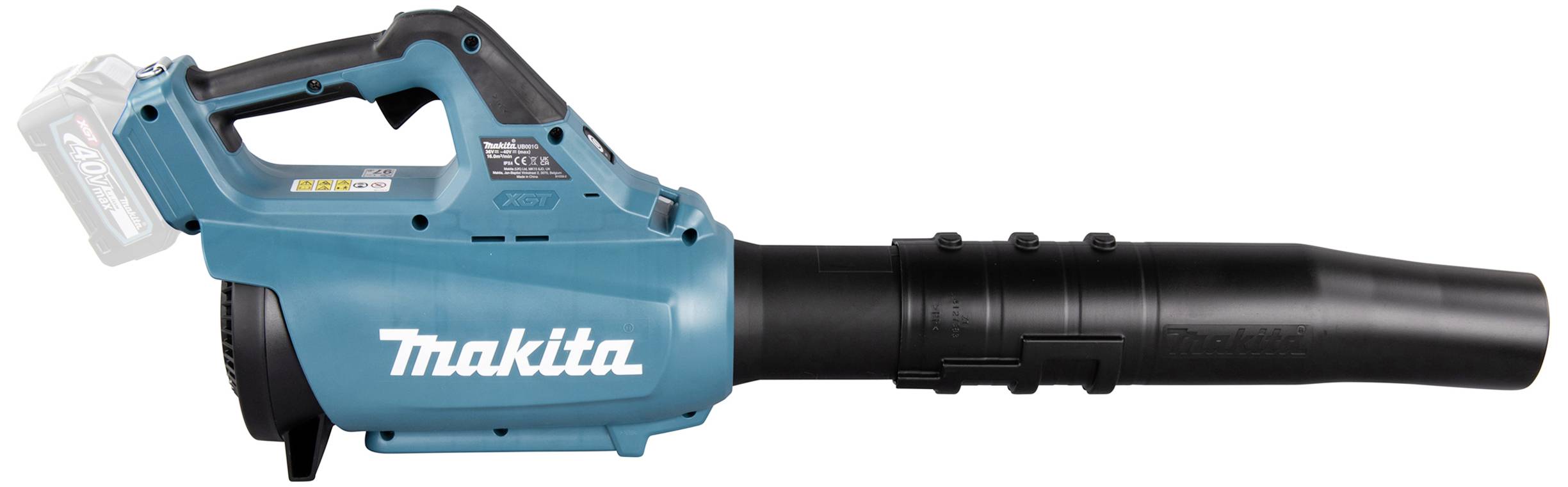 Ein blauer, akkubetriebener Laubbläser von Makita, seitliche Ansicht. Gerät hat einen ergonomischen Griff und robustes Design.