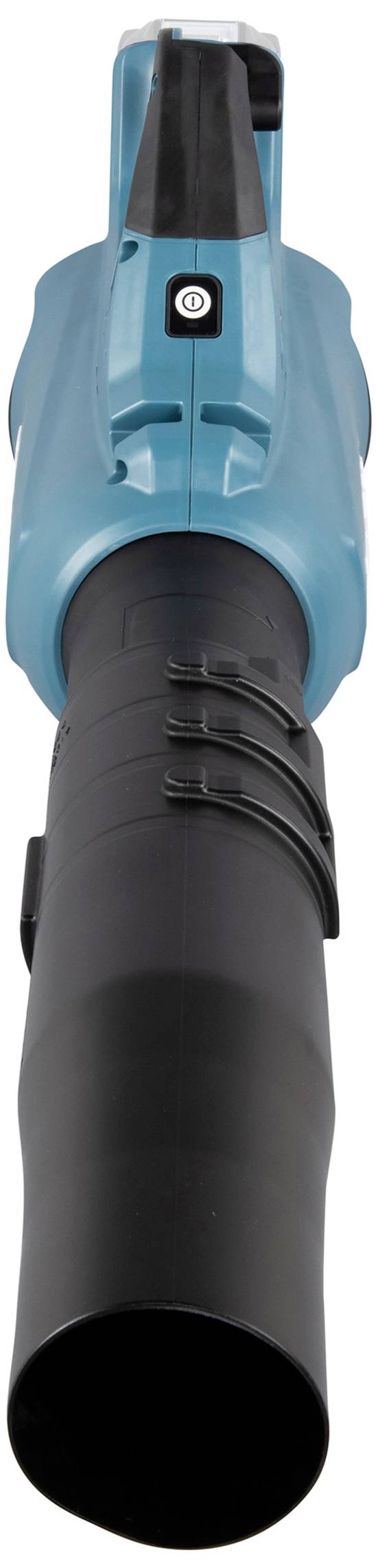 Blauer, handgehaltener Laubbläser mit schwarzem Blasrohr und Bedienknopf. Ideal für das Entfernen von Blättern und Schmutz.