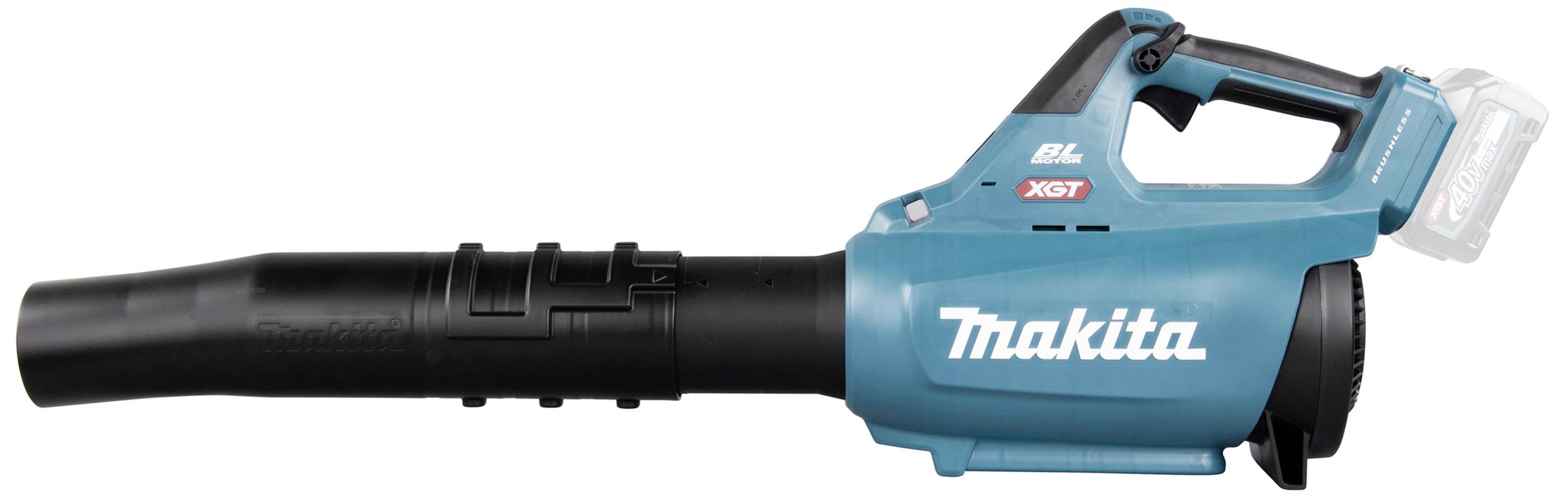 Ein blauer Akku-Laubbläser mit schwarzem Blasrohr, Markenname sichtbar auf dem Gerät, liegt horizontal.