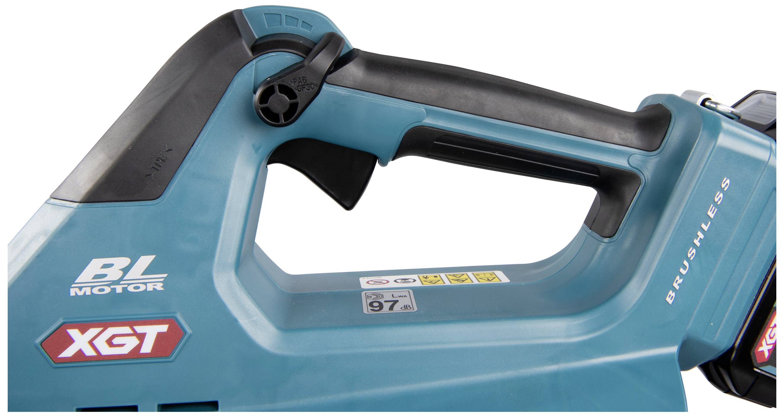 Blauer Griff einer Maschine mit der Aufschrift 'XGT' und 'BL MOTOR'; zeigt ergonomisches Design und Funktionstasten.