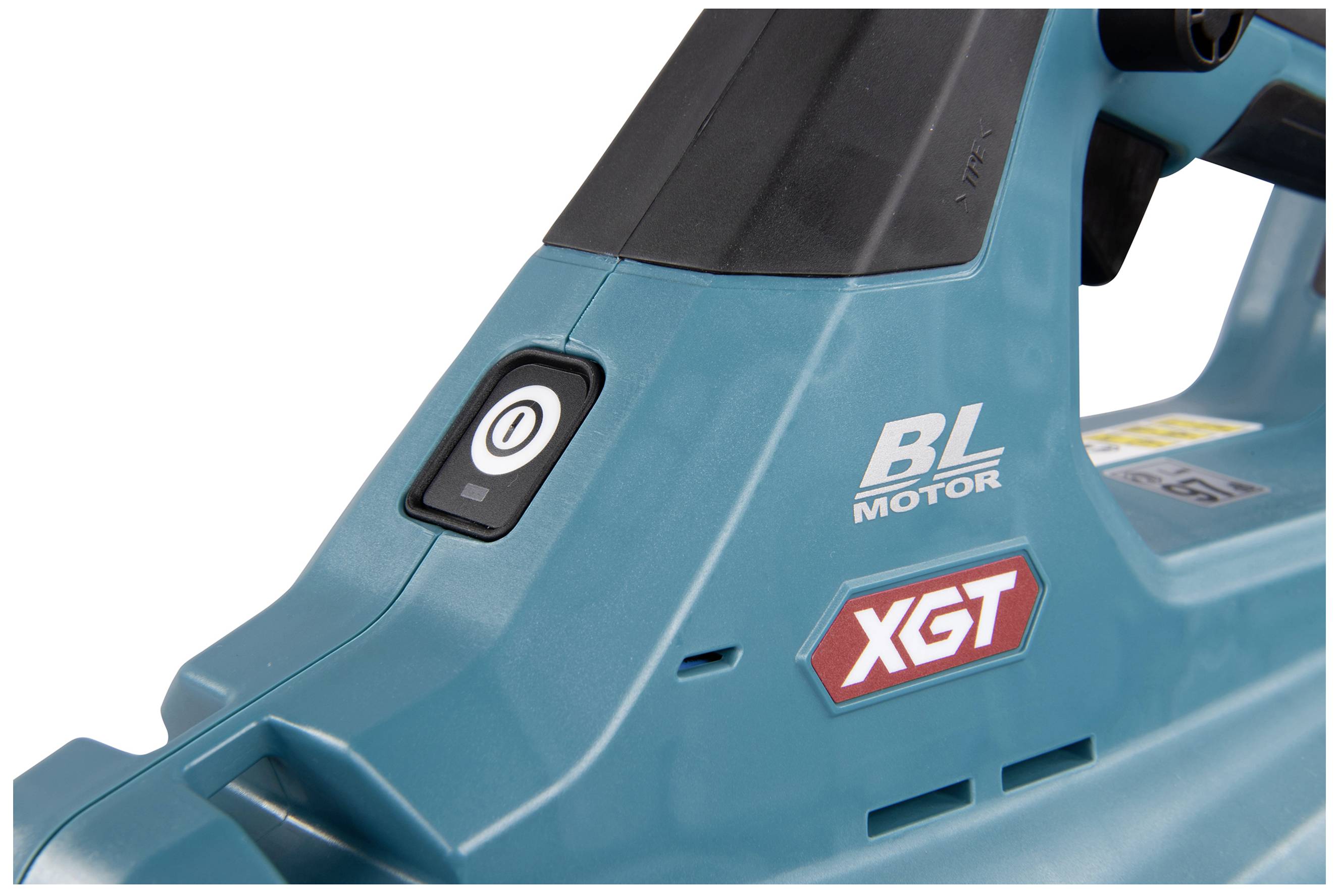 Ein blauer elektrischer Werkzeuggriff mit einem runden Einschaltknopf. Aufdrucke: 'BL Motor' und 'XGT'.