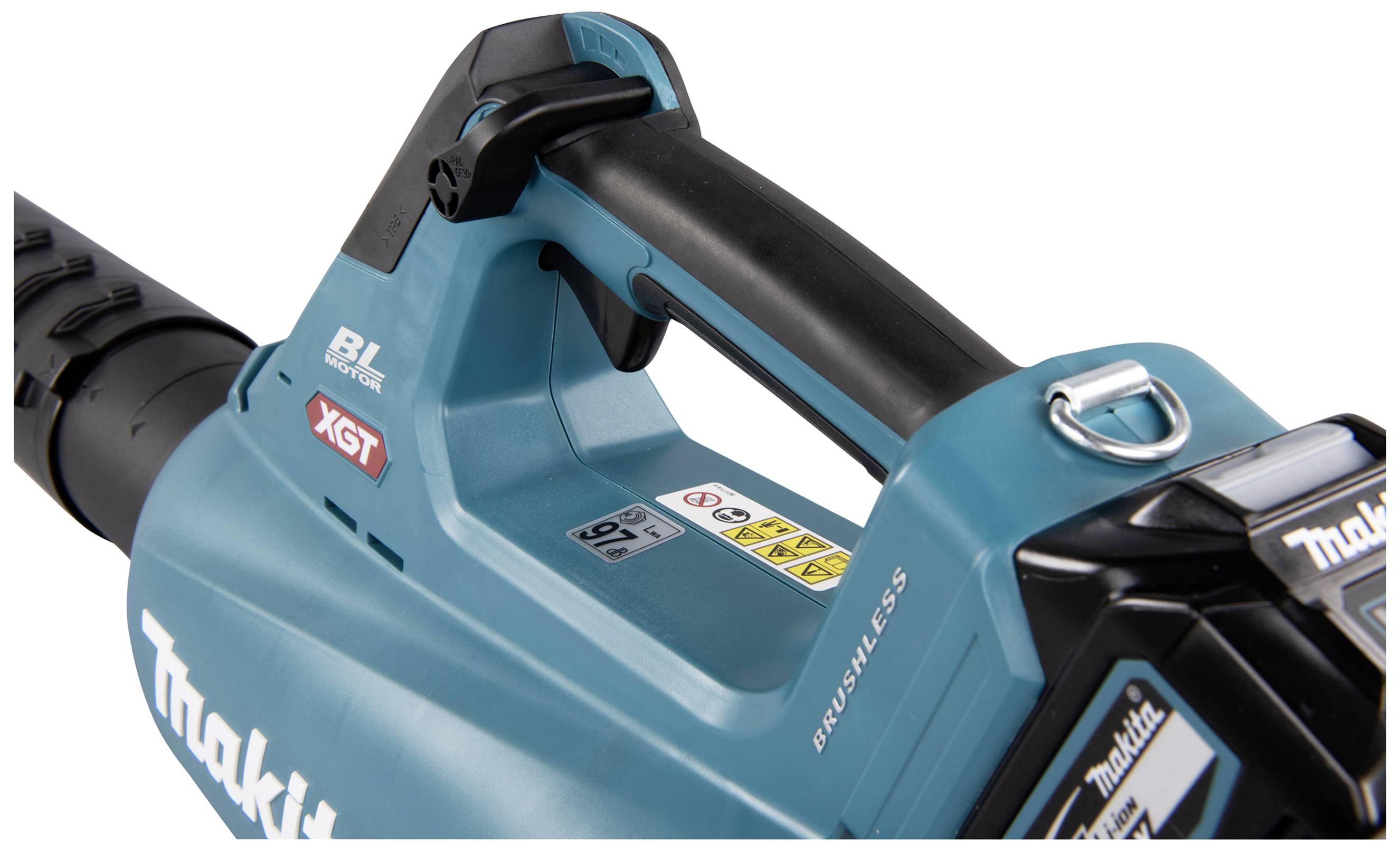 Laubbläser der Marke Makita mit blauem Gehäuse und schwarzem Griff. Zeigt Produktetiketten und Modelleigenschaften wie 'BL Motor'.