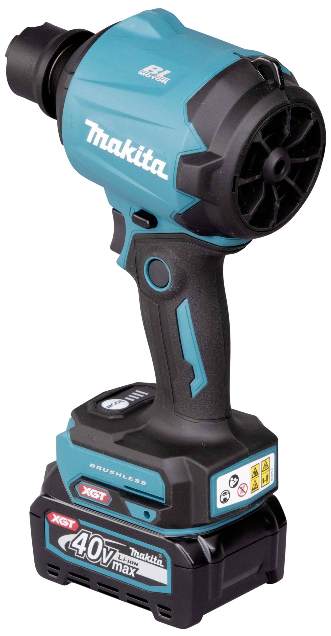 Ein kabelloser Makita-Gebläselüfter mit blauem Gehäuse und schwarzem Griff, angetrieben durch einen 40V Max XGT-Akku.