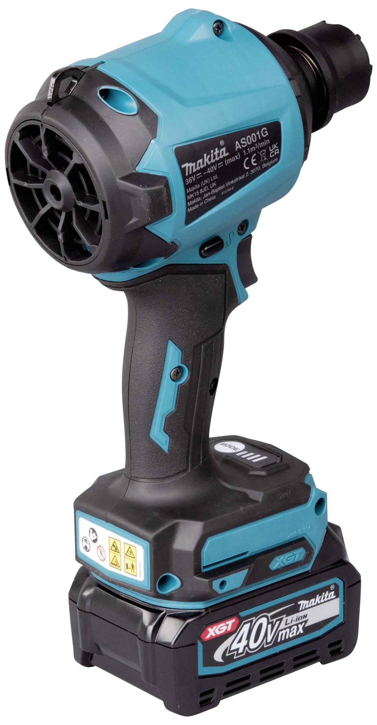 Kabelloses, blaues Elektrowerkzeug von Makita mit 40V Akku, geeignet für handwerkliche Arbeiten.