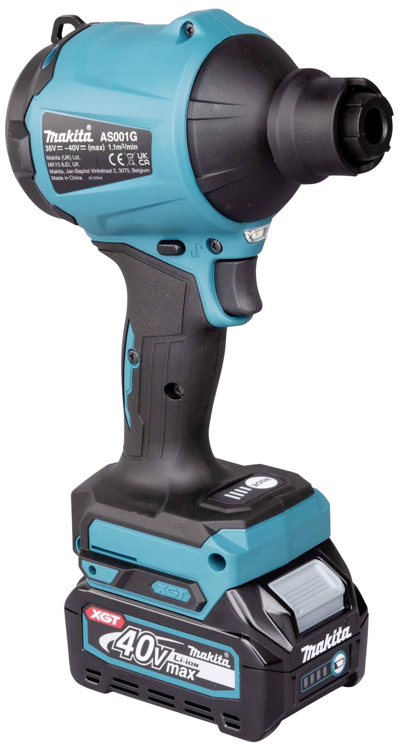 'Makita XGT 40V Max Akku-Blindnietgerät A5001G' in türkis und schwarz, kabellos mit ergonomischem Griff und robustem Design.