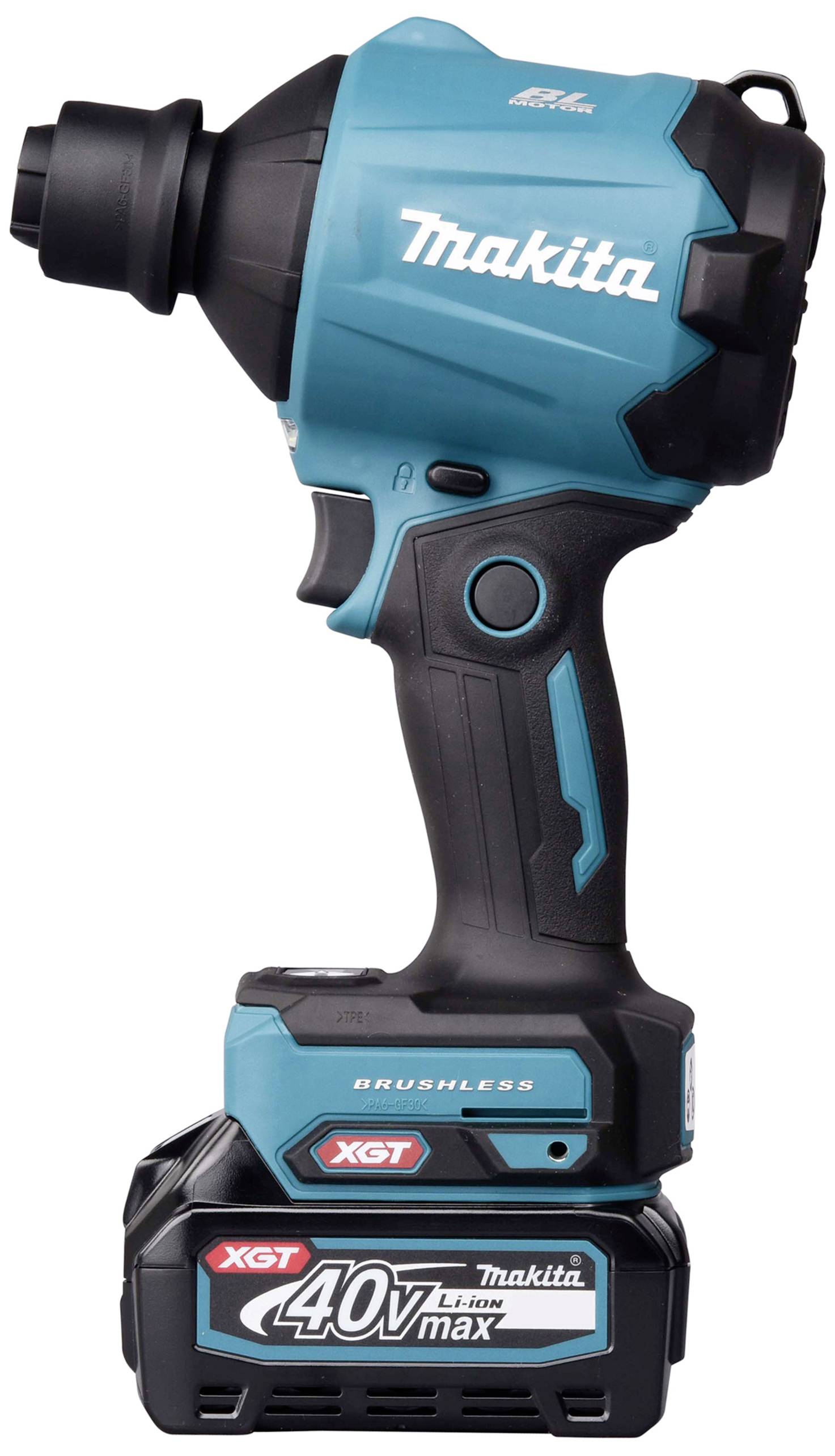 Akkuschlagschrauber von Makita mit 40V max. Leistung und bürstenlosem Motor, blau-schwarzes Design, seitliche Ansicht.