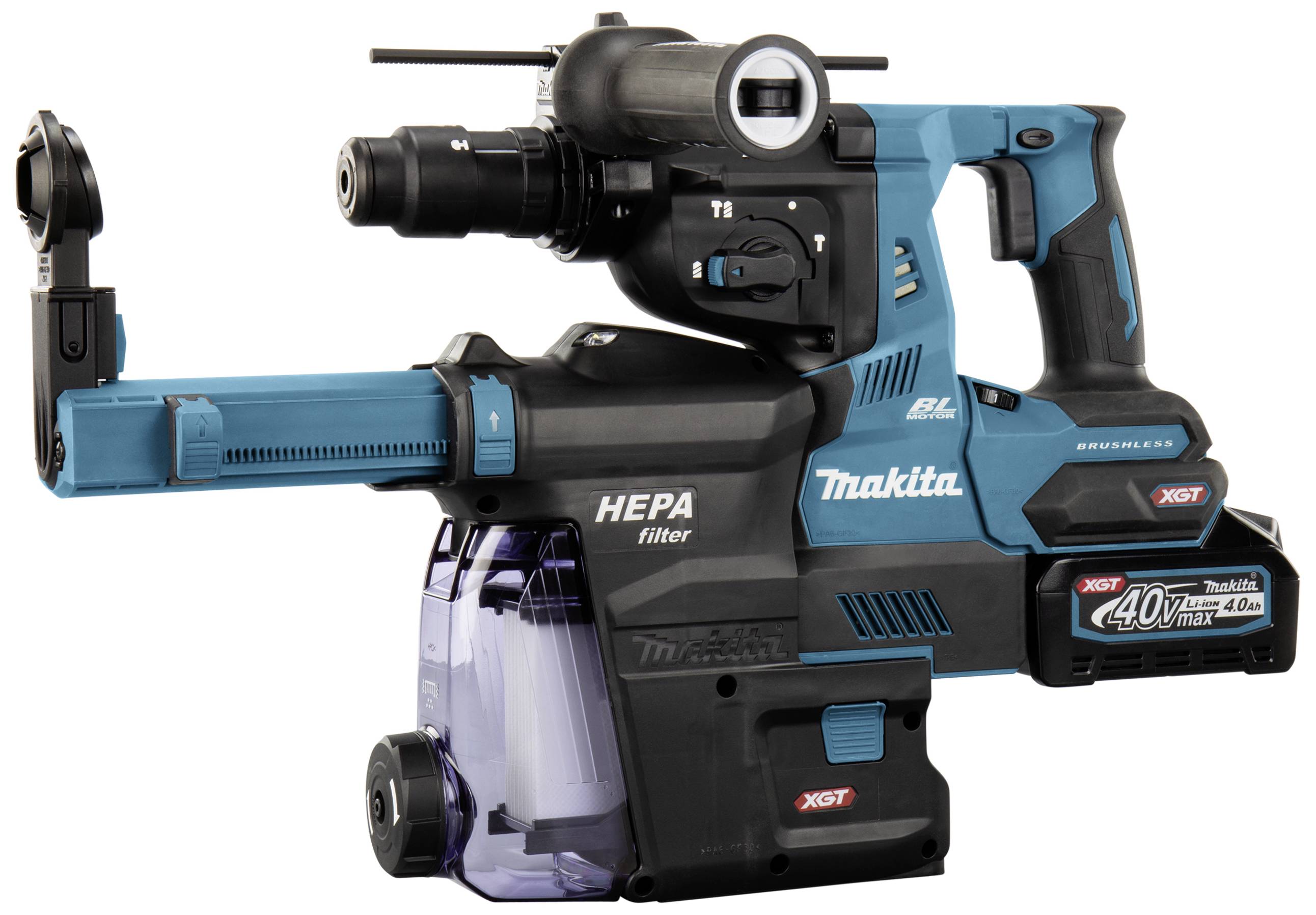 Blaue und schwarze Bohrmaschine 'Makita' mit HEPA-Filter und Akkuantrieb, Modell XGT.