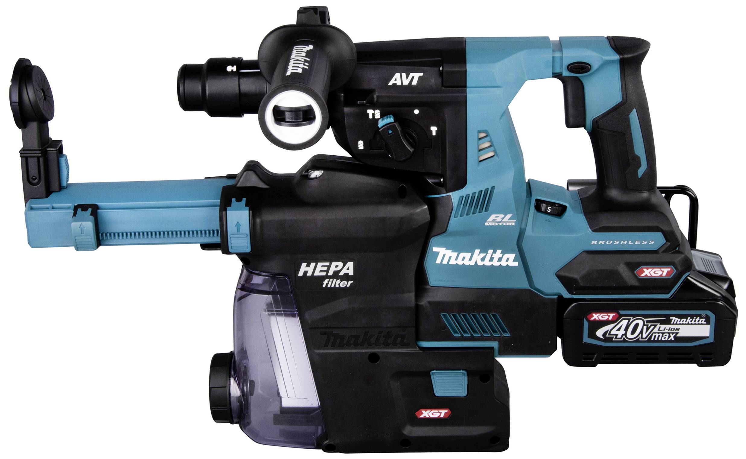 Kombihammer mit Staubabsaugung und HEPA-Filter, blau-schwarz, von Makita. Akku-Antrieb mit 40V XGT. Geeignet für Bauarbeiten.