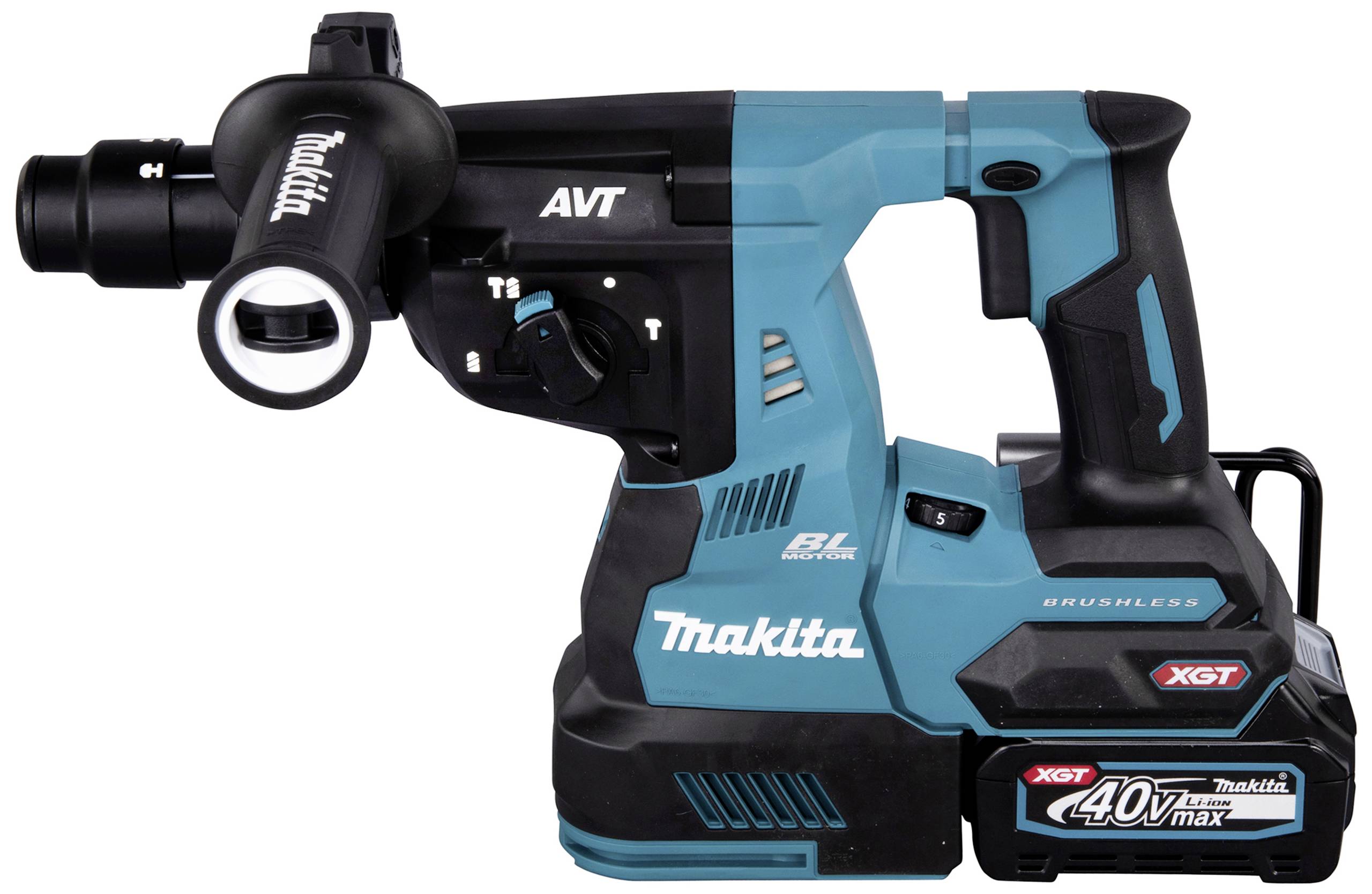Akkubohrhammer von Makita in Blau und Schwarz, Modell XGT mit 40V max Akku. Enthält seitlichen Handgriff und Bedienelemente.