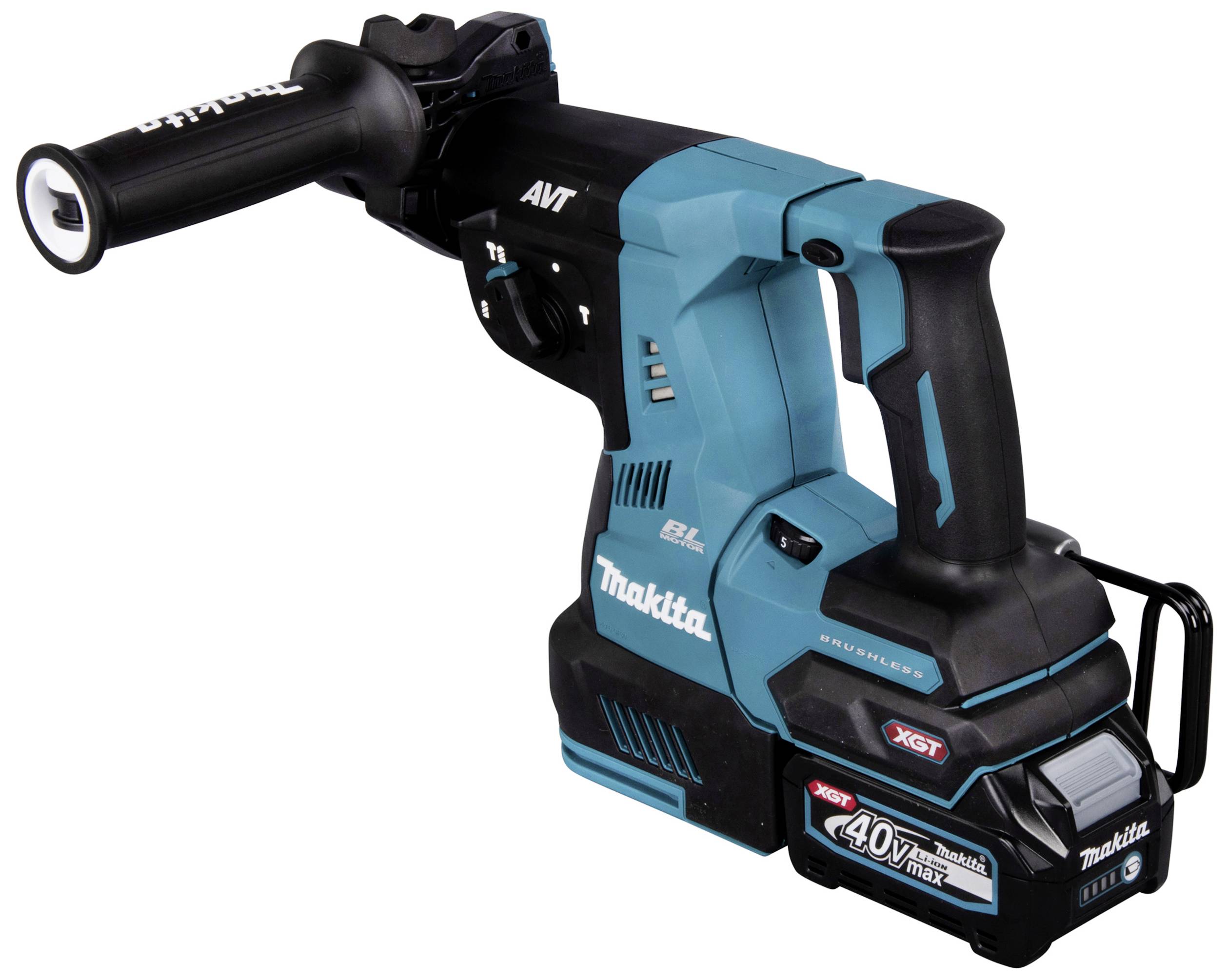 Blauer Makita Akkubohrschrauber, Modell XGT, mit schwarzem Handgriff und Akku unten; geeignet für schwere Bohrarbeiten.