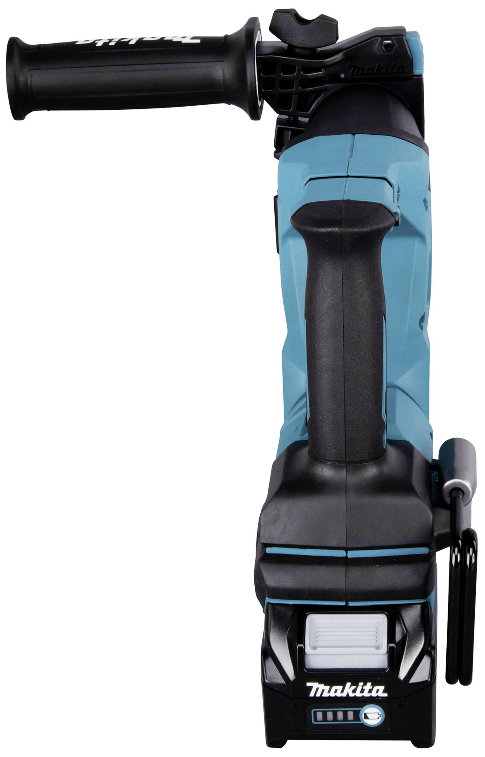 Eine blaue und schwarze Makita-Winkelschleifer mit Griffen und EIN-/AUS-Schalter oben, vor weißem Hintergrund.