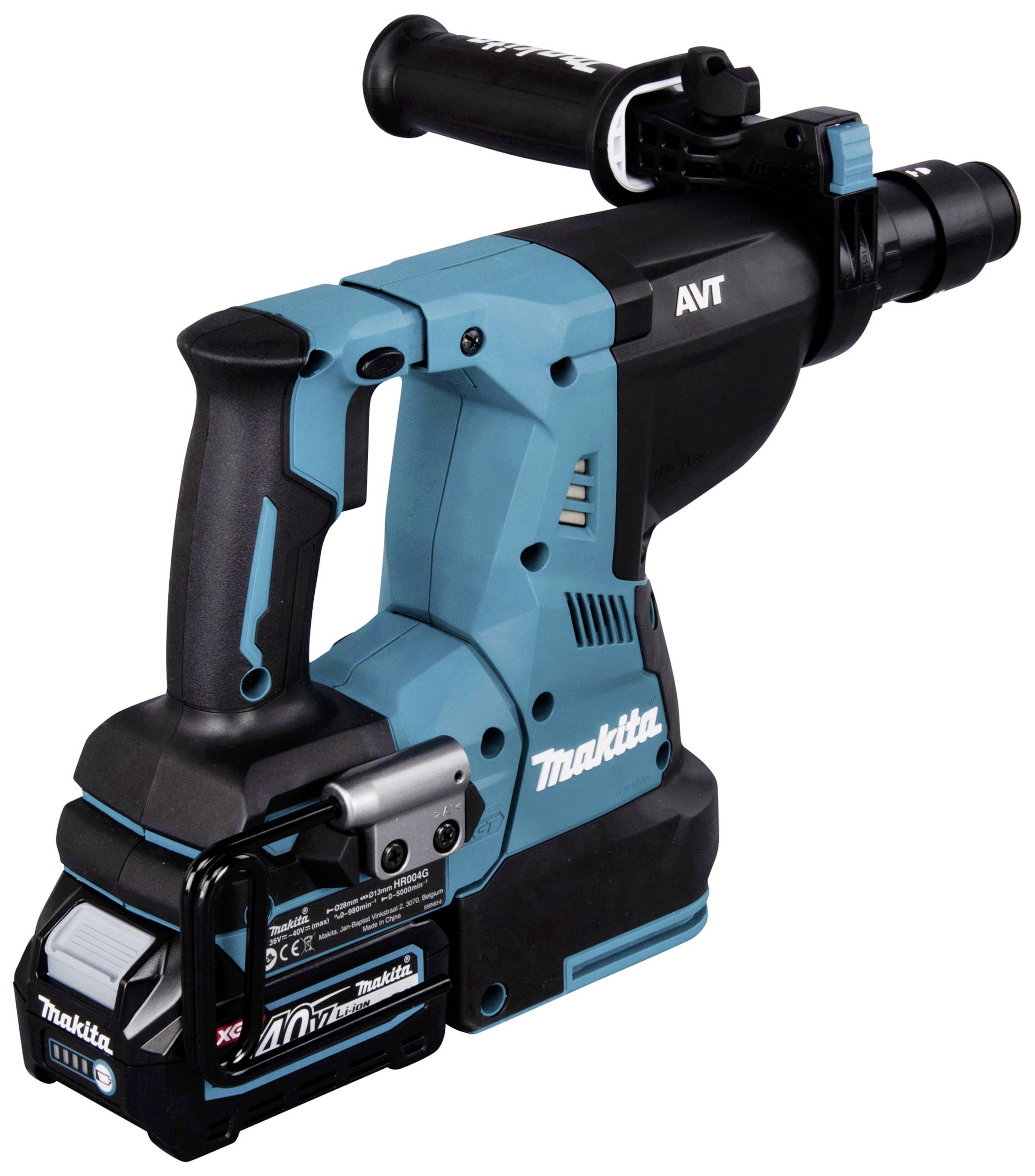 Akku-Bohrhammer in Blau und Schwarz mit 'Makita'-Logo und Griff. Geeignet für schwere Bauarbeiten. Modell zeigt fortschrittliches Design.