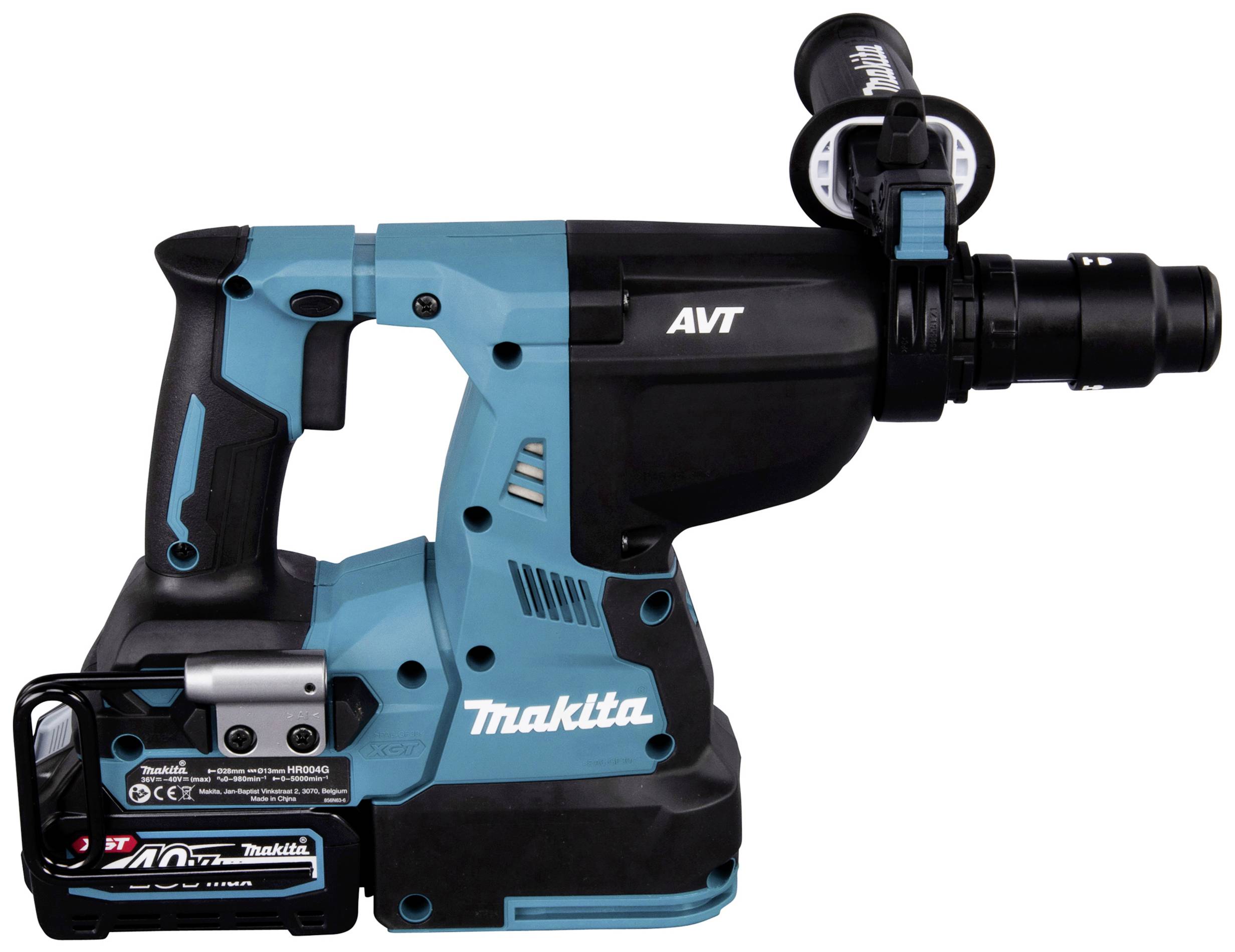 Elektrowerkzeug, Makita-Bohrhammer, blau-schwarz, steht seitlich mit eingelegtem Akku. Enthält AVT- und SDS-Plus-System.