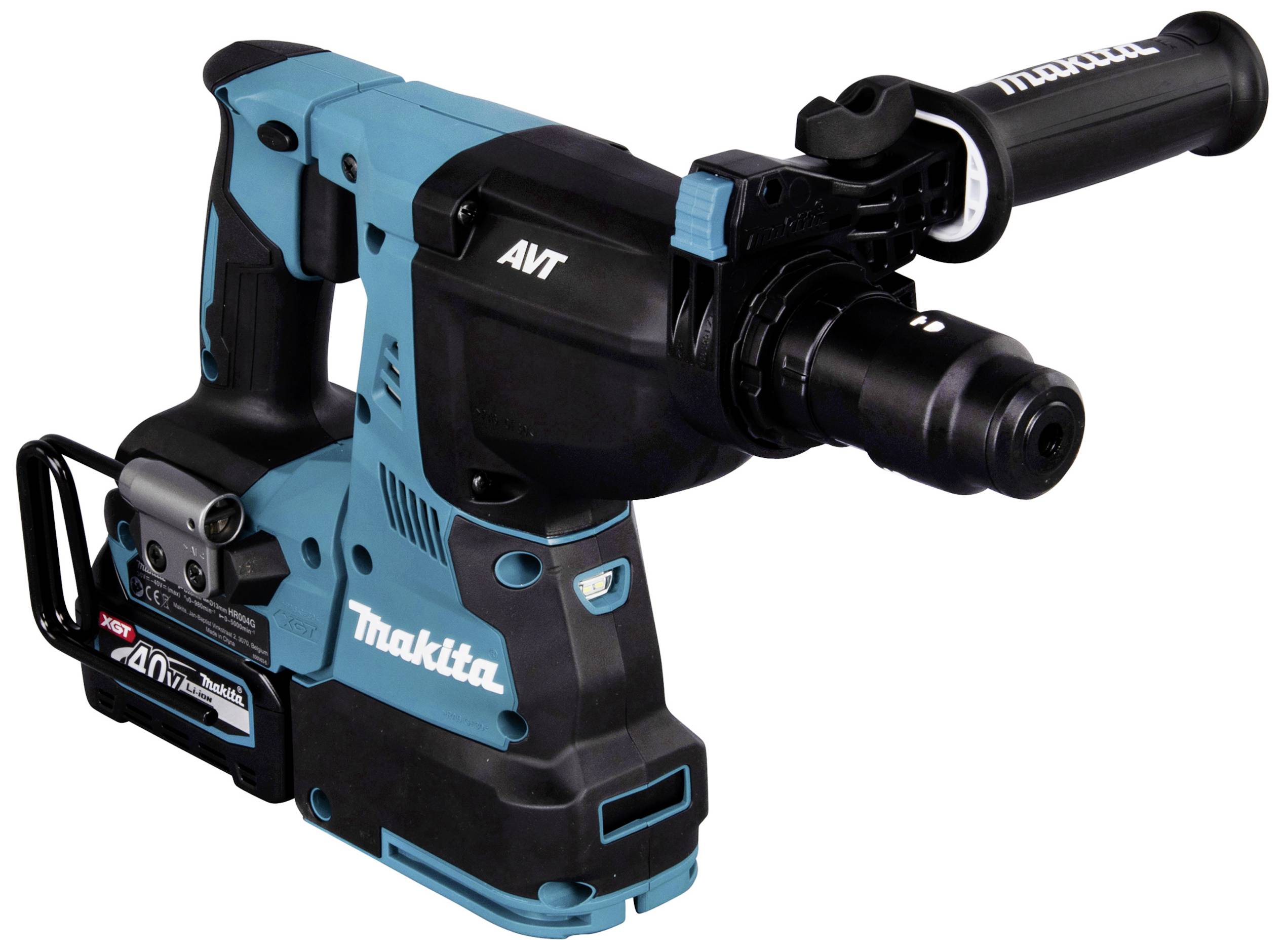 Akku-Bohrhammer mit ergonomischem Griff, schwarzem und blauem Gehäuse. Markenlogo und Modellnummer sind sichtbar.