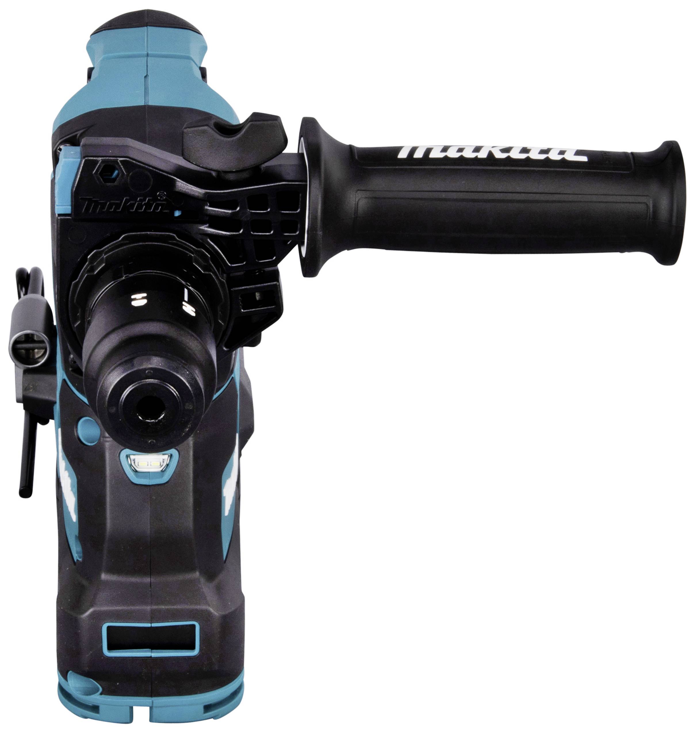 Elektrowerkzeug 'Makita' Bohrhammer. Schwarz-blaues Design mit seitlichem Griff. Verwendet zum Bohren in harten Materialien.