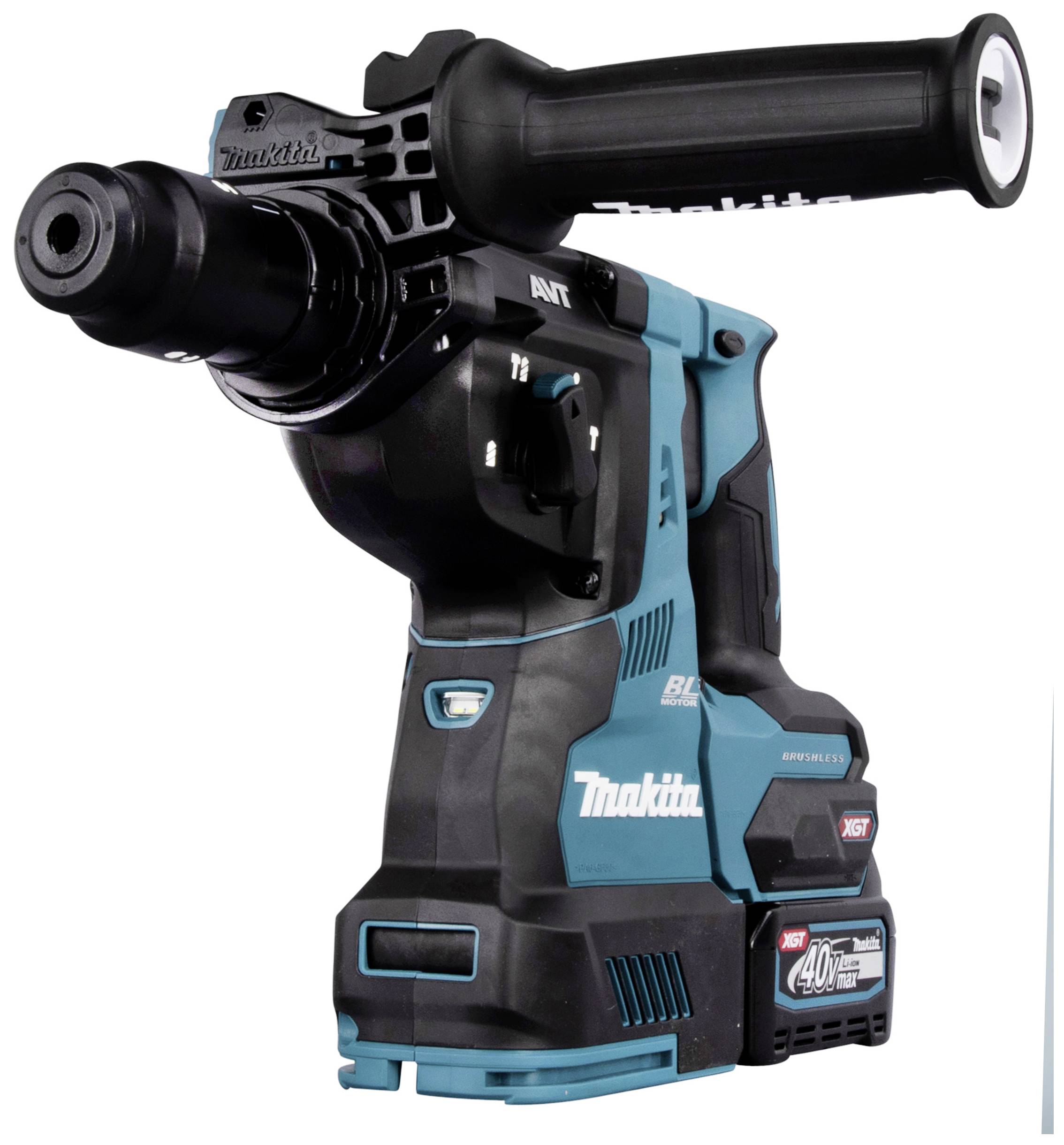 Ein kabelloser Bohrhammer der Marke Makita in blau-schwarzer Farbe mit einem ergonomischen Griff und einem LED-Licht zur besseren Sichtbarkeit.