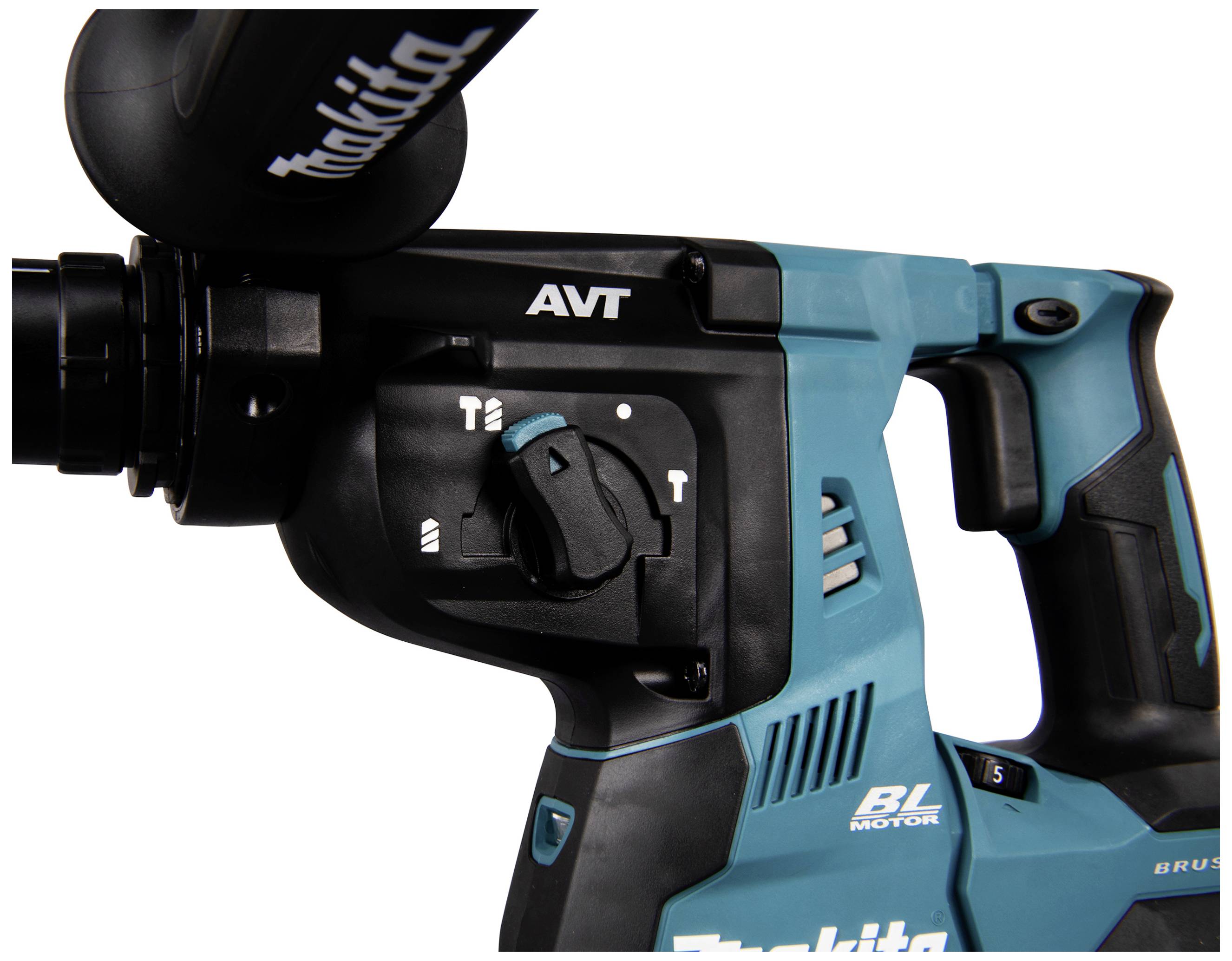 Ein blauer Akkubohrhammer mit schwarzem Griff und mehreren Einstellungsmodi angezeigt auf einem schwarz beschrifteten Rad.